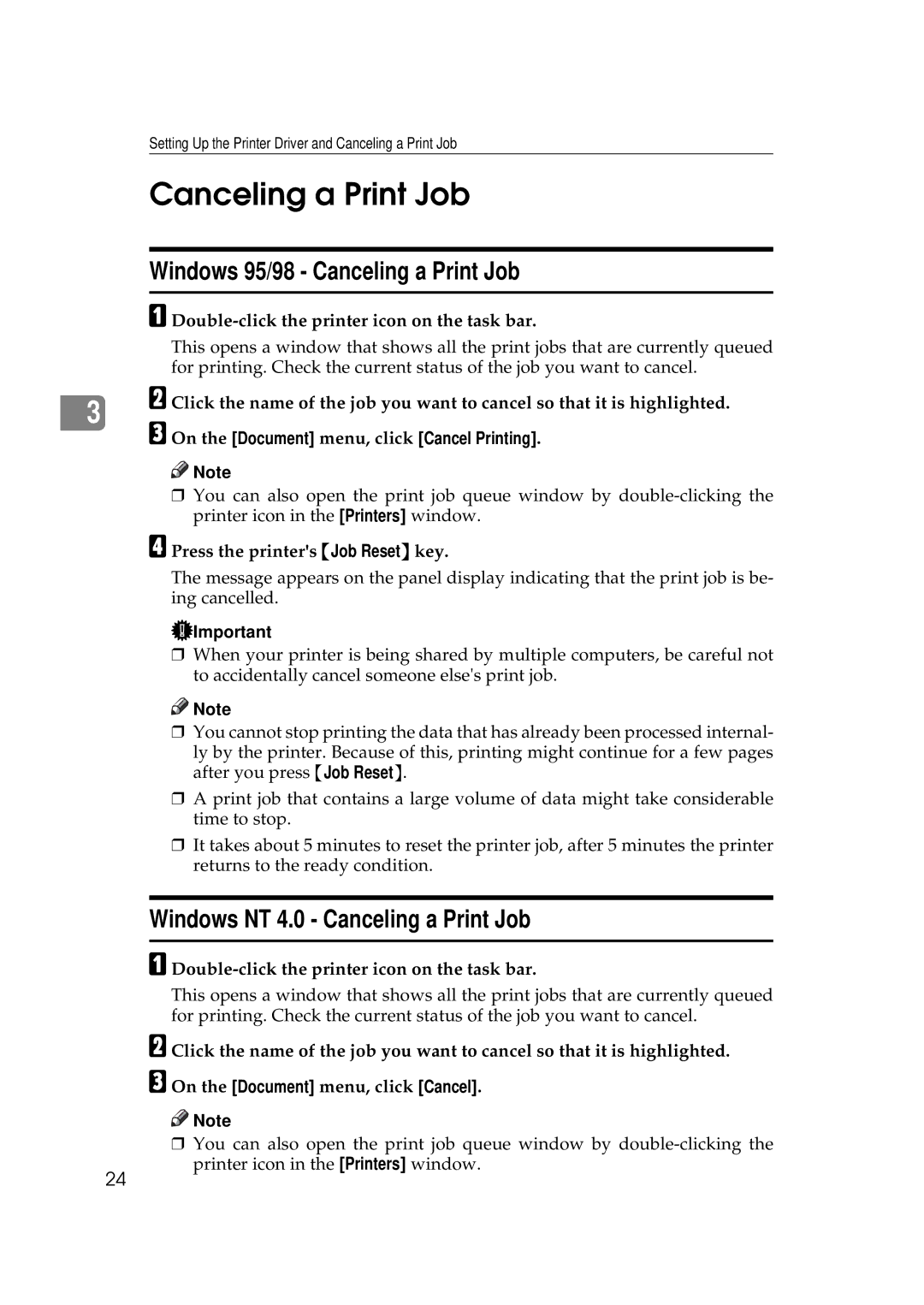 Ricoh Aficio AP2700 operating instructions Windows 95/98 Canceling a Print Job, Windows NT 4.0 Canceling a Print Job 