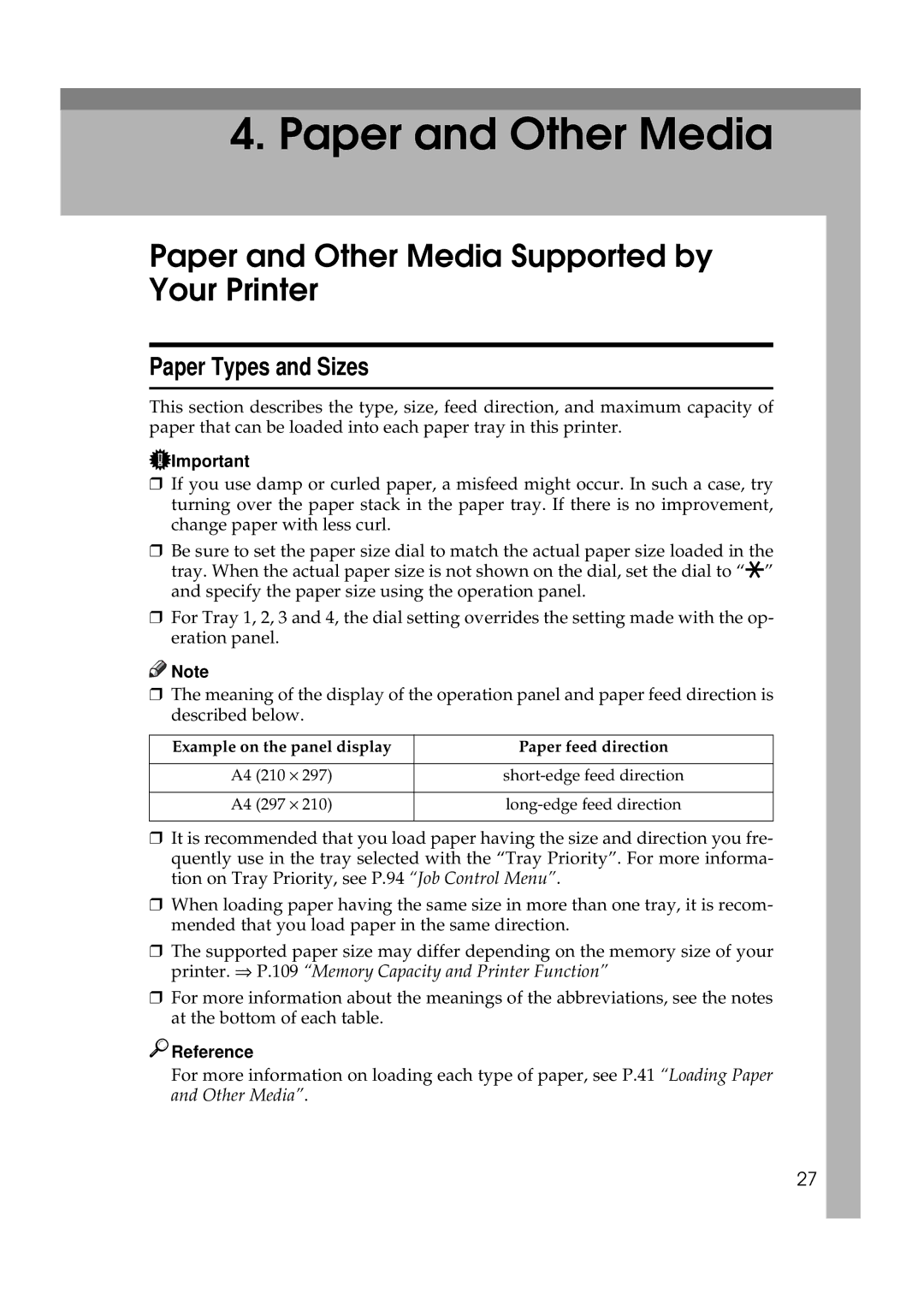 Ricoh Aficio AP2700 operating instructions Paper and Other Media Supported by Your Printer, Paper Types and Sizes 