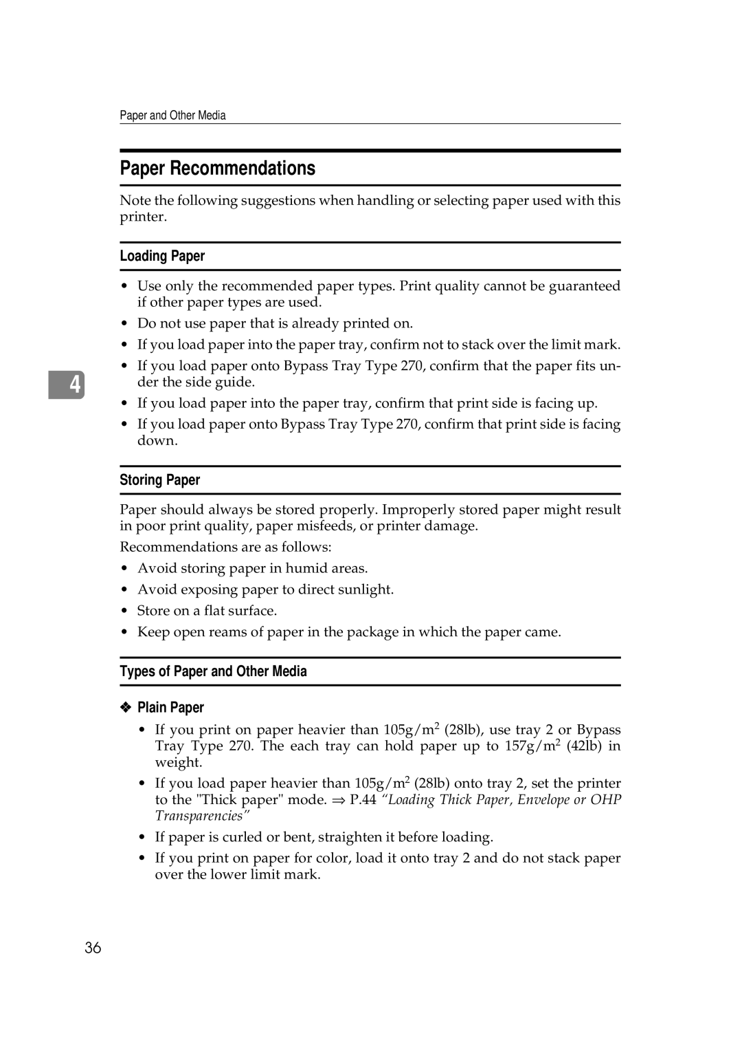 Ricoh Aficio AP2700 Paper Recommendations, Loading Paper, Storing Paper, Types of Paper and Other Media Plain Paper 