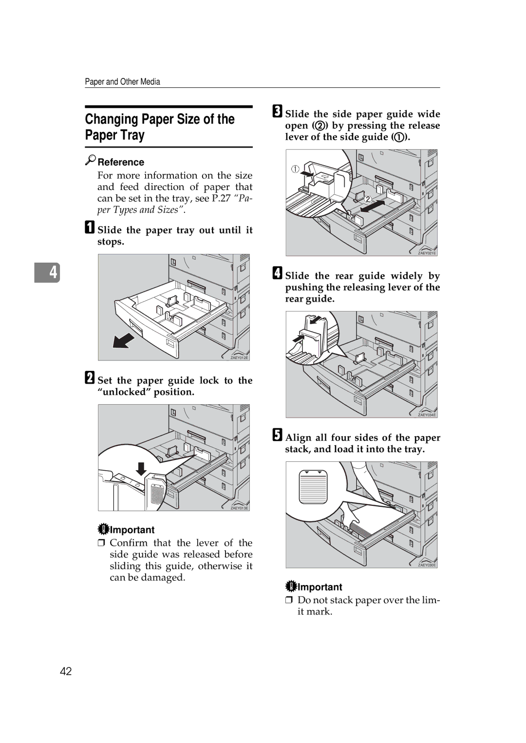 Ricoh Aficio AP2700 Changing Paper Size Paper Tray, Set the paper guide lock to the unlocked position 