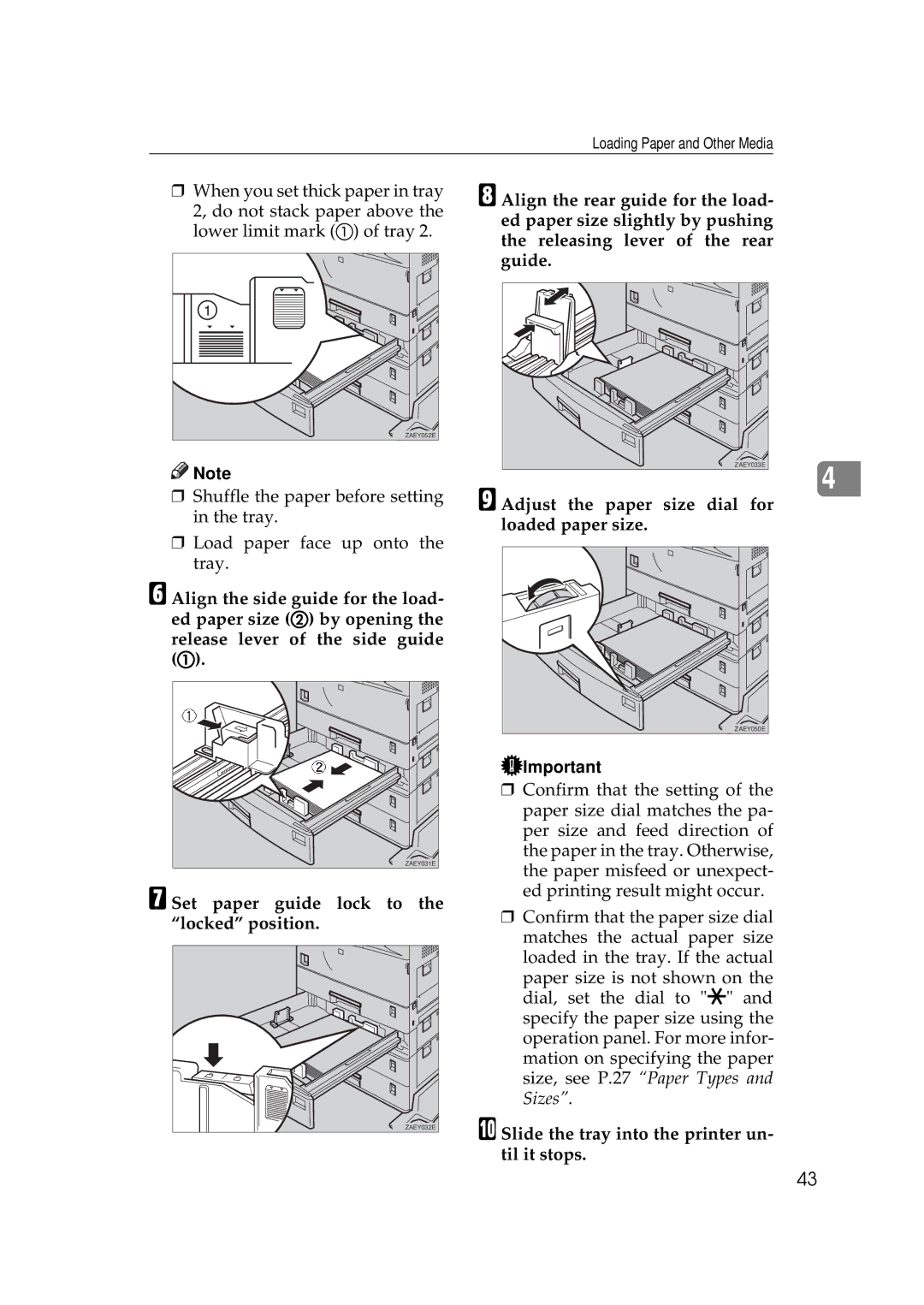 Ricoh Aficio AP2700 Set paper guide lock to the locked position, Adjust the paper size dial for loaded paper size 