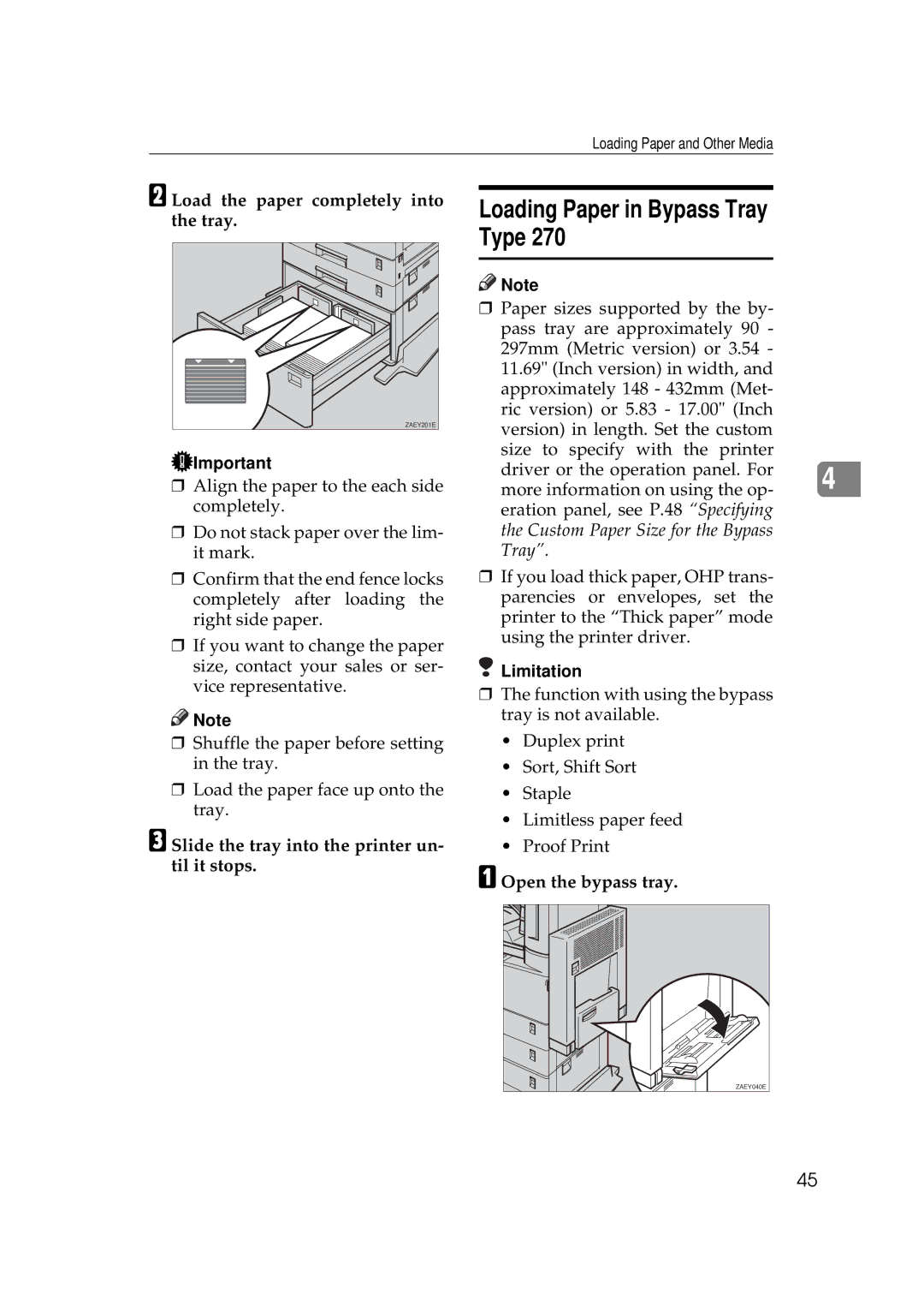 Ricoh Aficio AP2700 Loading Paper in Bypass Tray Type, Load the paper completely into the tray, Open the bypass tray 