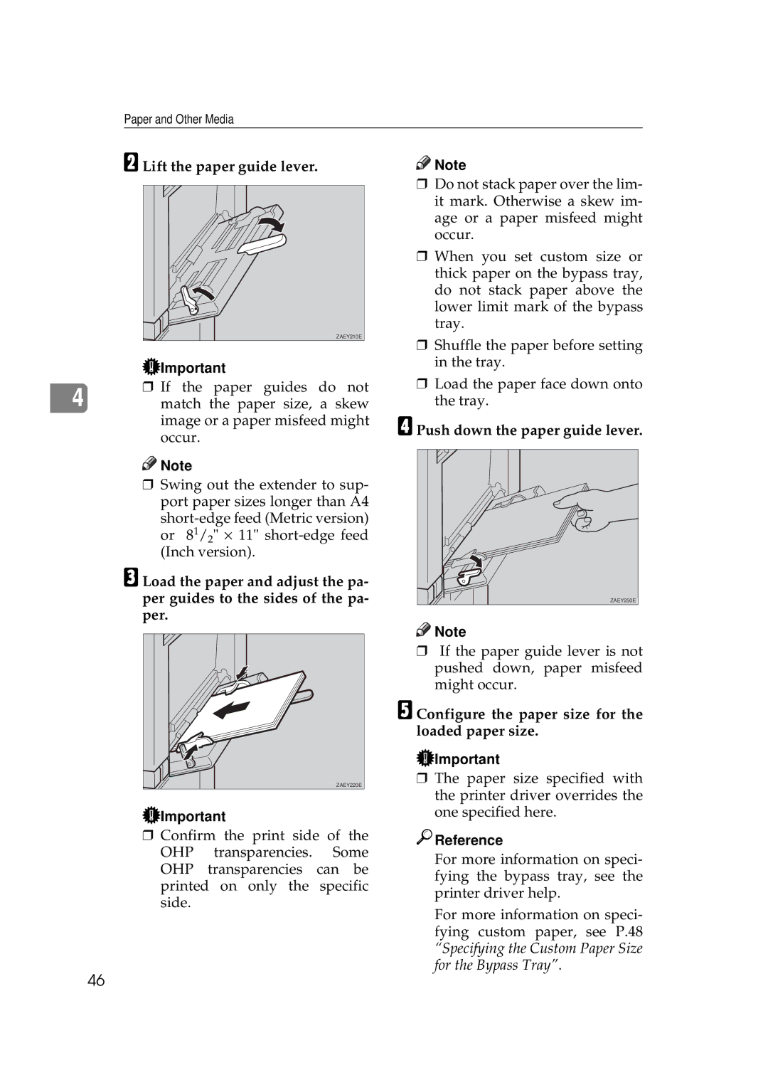 Ricoh Aficio AP2700 operating instructions Lift the paper guide lever, Push down the paper guide lever 