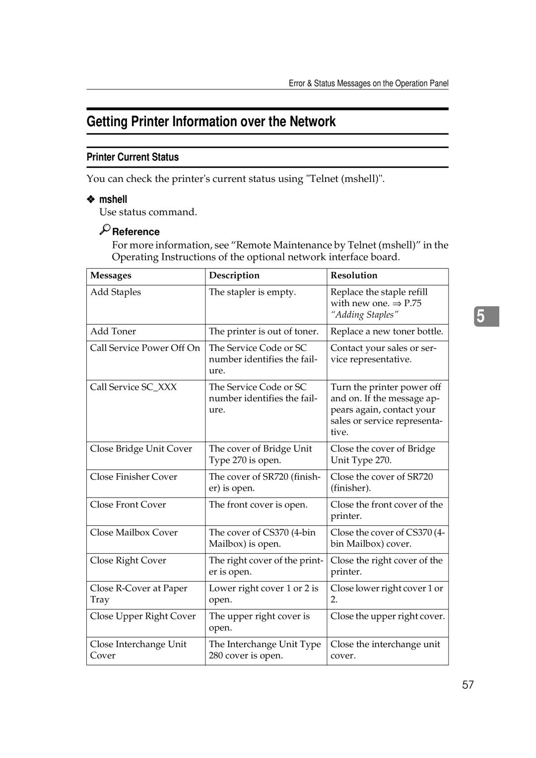 Ricoh Aficio AP2700 operating instructions Getting Printer Information over the Network, Printer Current Status, Mshell 