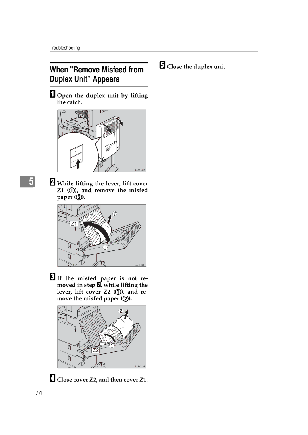 Ricoh Aficio AP2700 operating instructions Duplex Unit Appears, Close the duplex unit, Close cover Z2, and then cover Z1 