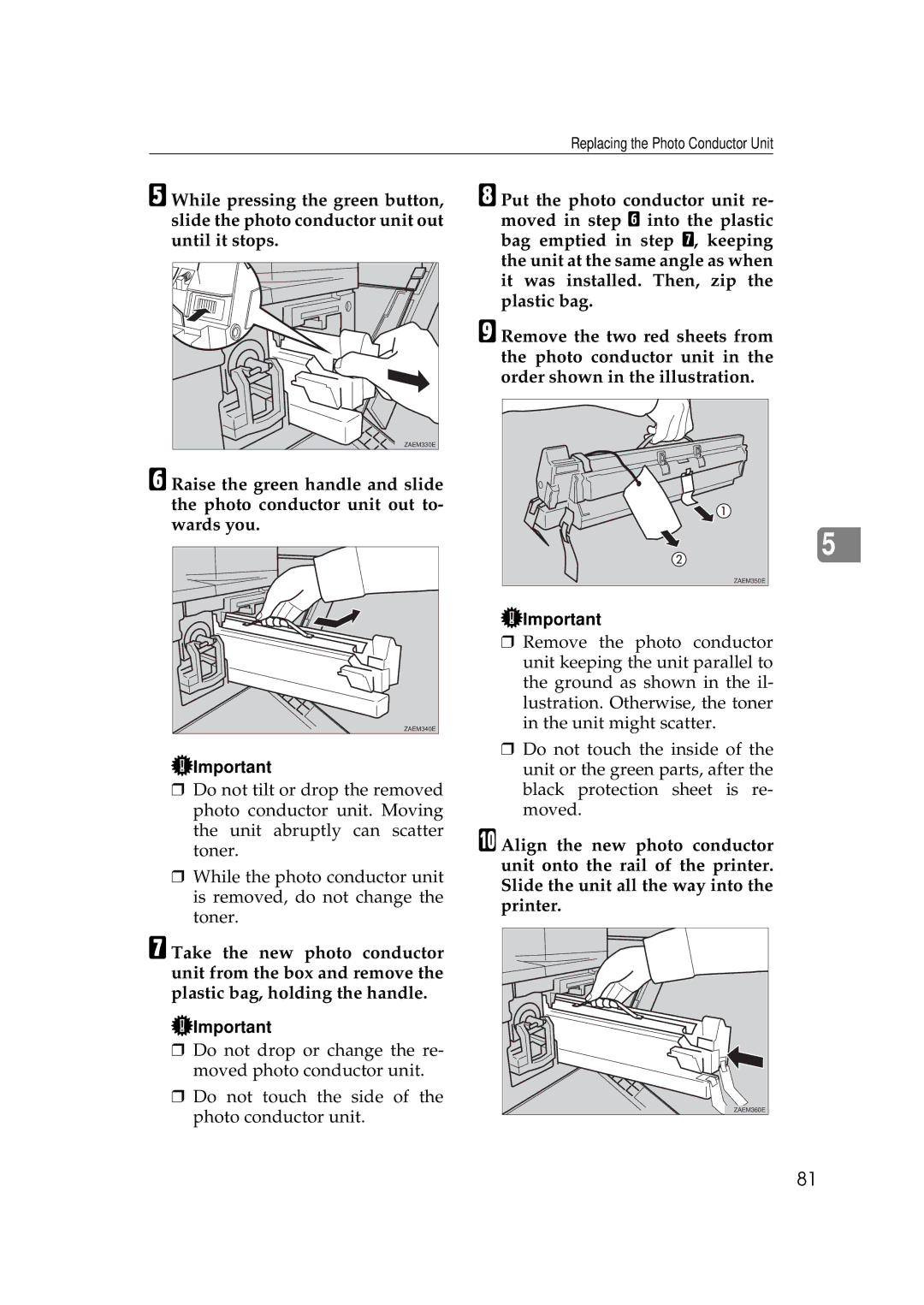 Ricoh Aficio AP2700 operating instructions Replacing the Photo Conductor Unit 