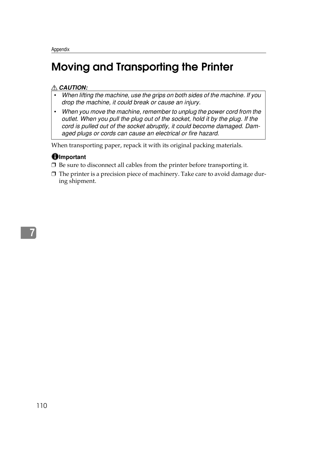 Ricoh Aficio AP2700 operating instructions Moving and Transporting the Printer, Appendix 