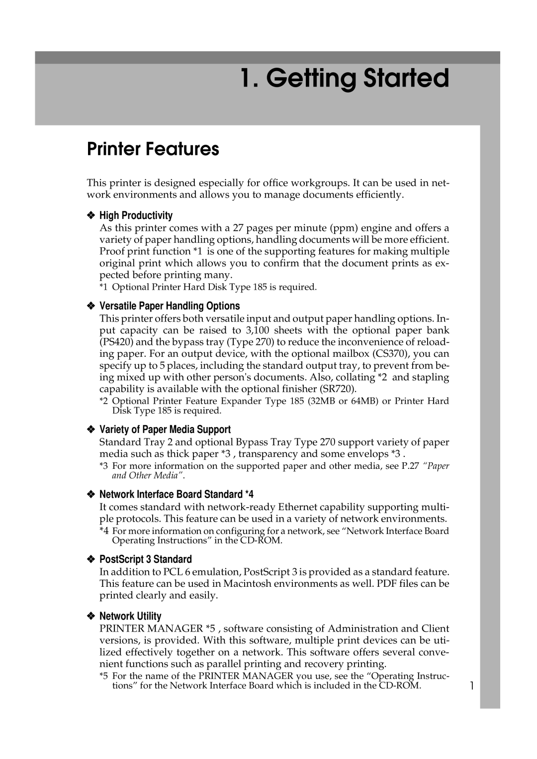 Ricoh Aficio AP2700 operating instructions Getting Started, Printer Features 