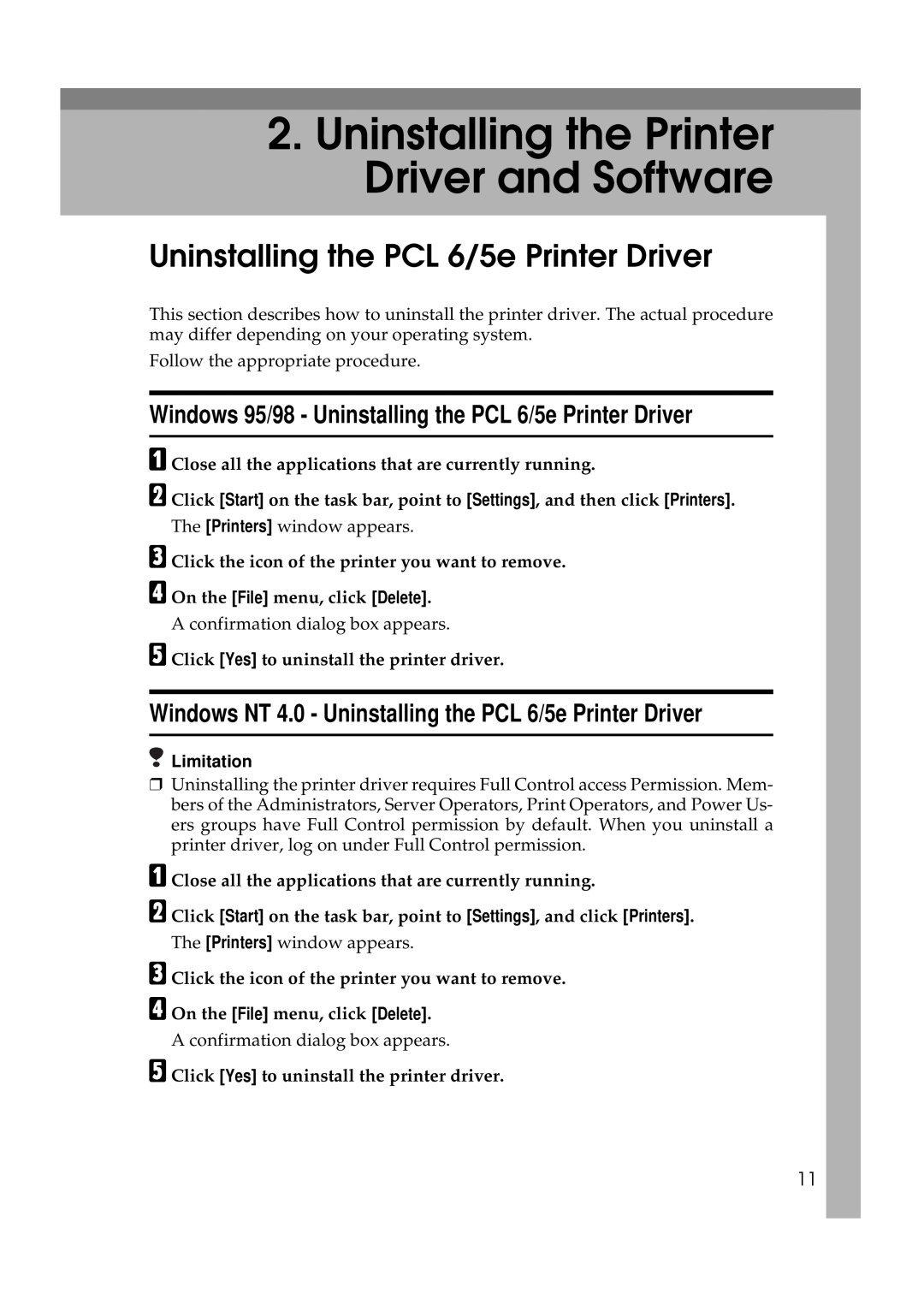 Ricoh Aficio AP2700 Uninstalling the Printer Driver and Software, Uninstalling the PCL 6/5e Printer Driver 