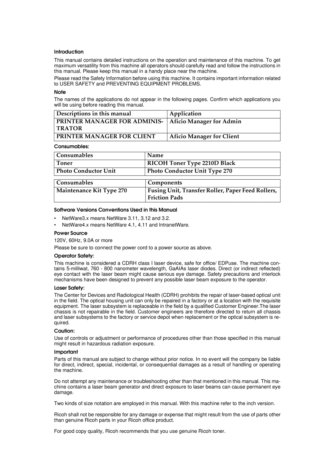 Ricoh Aficio AP2700 Descriptions in this manual, Application, Printer Manager For Adminis, Aficio Manager for Admin, Name 