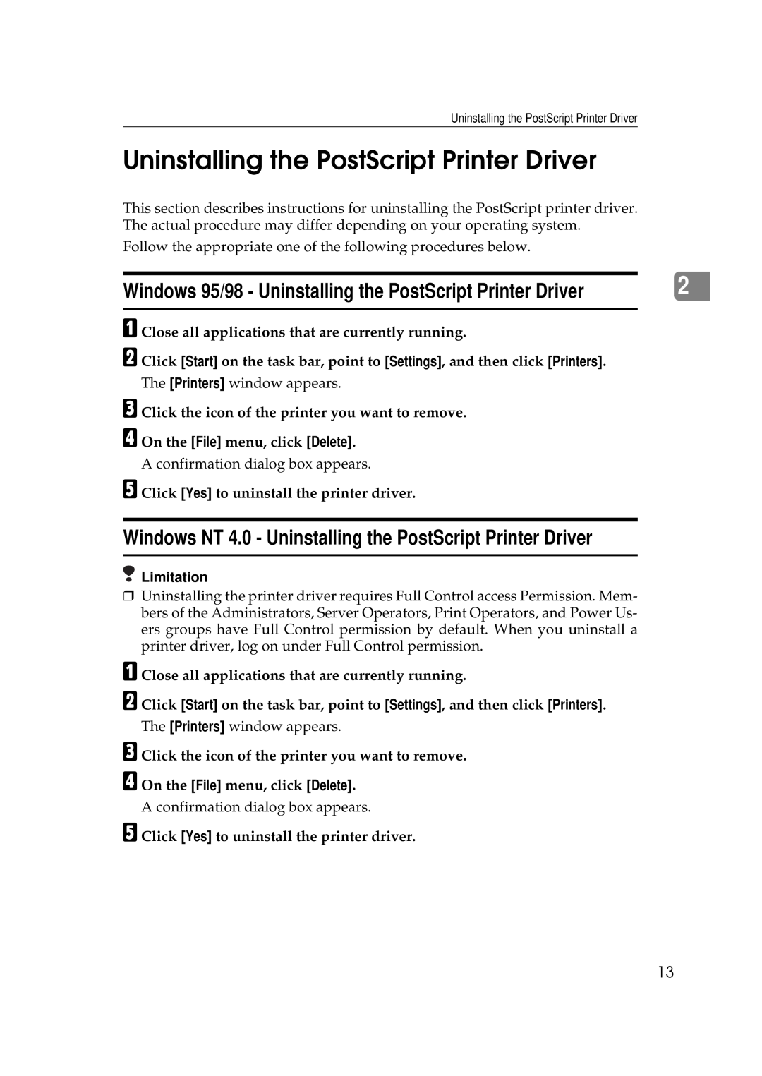 Ricoh Aficio AP2700 operating instructions Windows 95/98 - Uninstalling the PostScript Printer Driver 