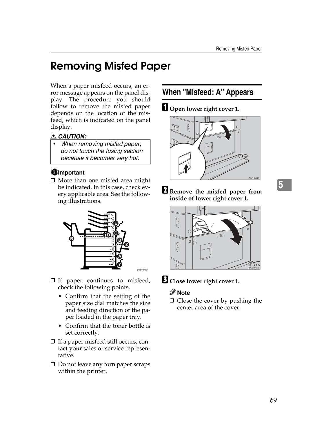 Ricoh Aficio AP2700 operating instructions Removing Misfed Paper, When Misfeed A Appears 