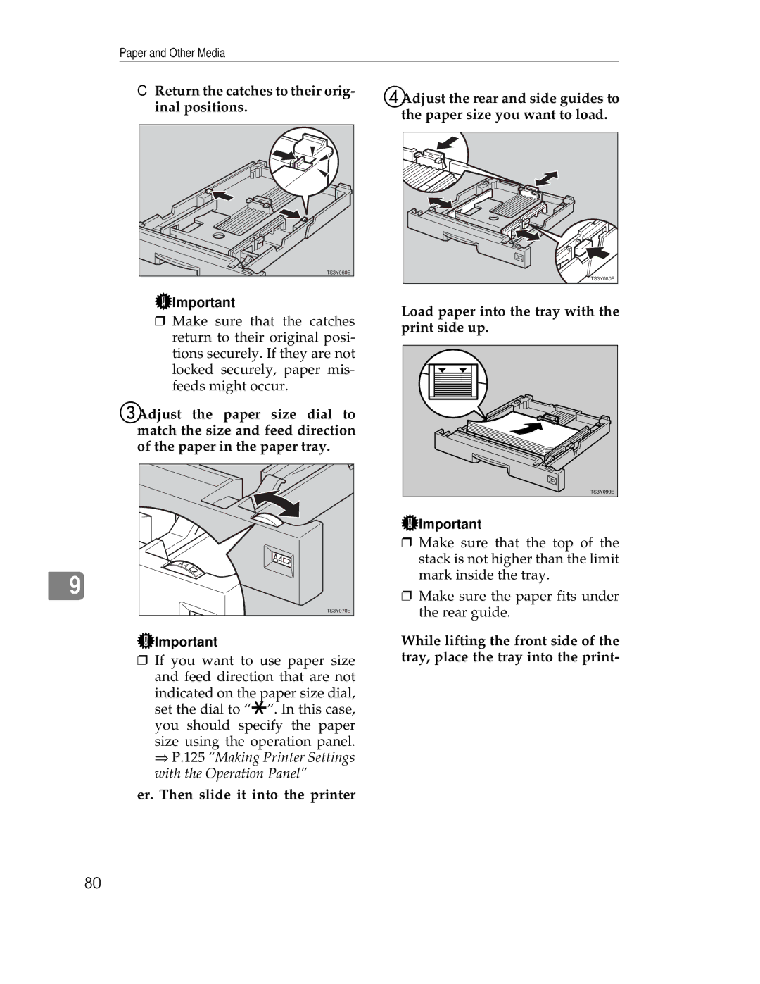 Ricoh AP1400/AP2000 Return the catches to their orig- inal positions, Load paper into the tray with the print side up 