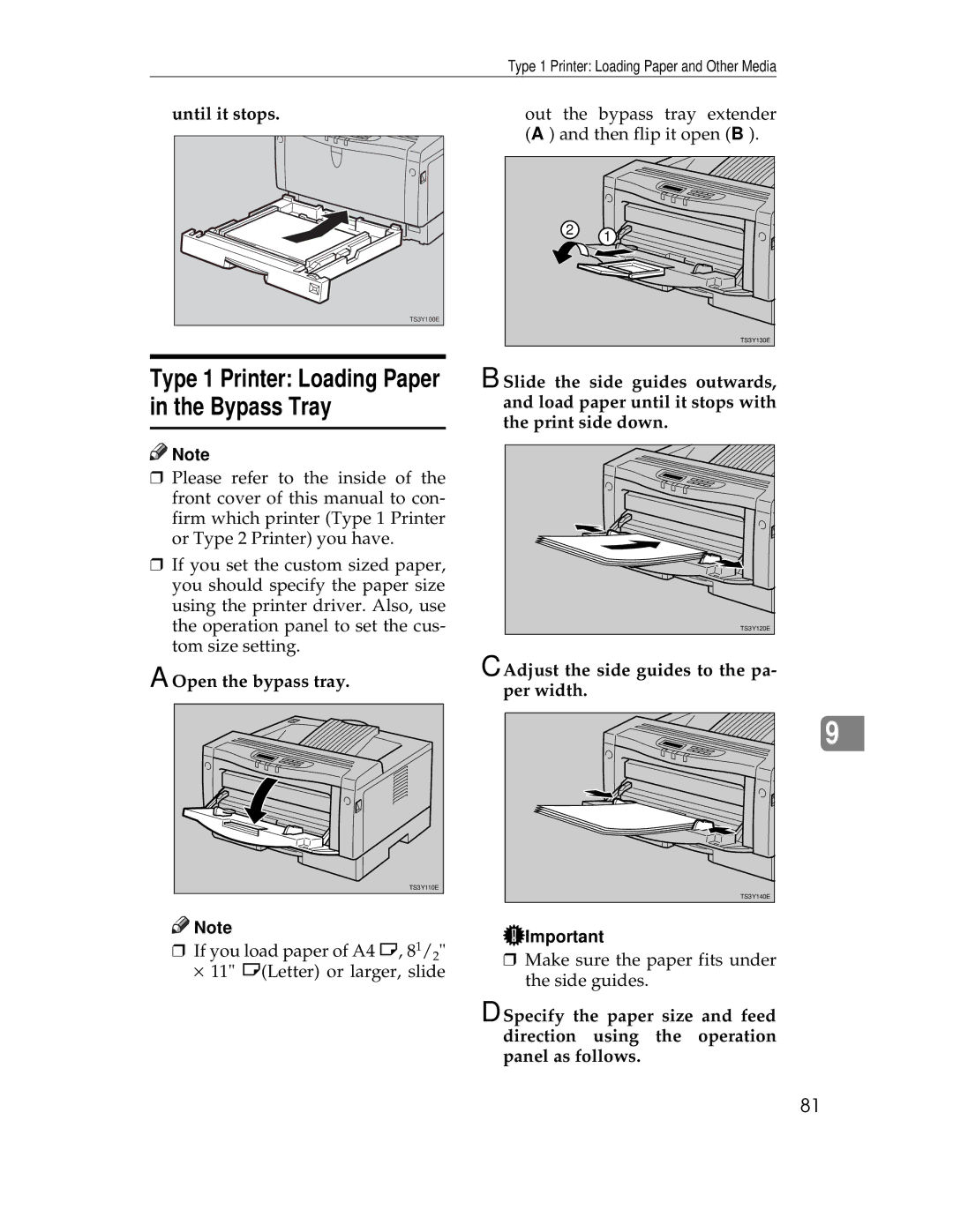 Ricoh AP1400/AP2000 manual Type 1 Printer Loading Paper in the Bypass Tray, Until it stops, Open the bypass tray 