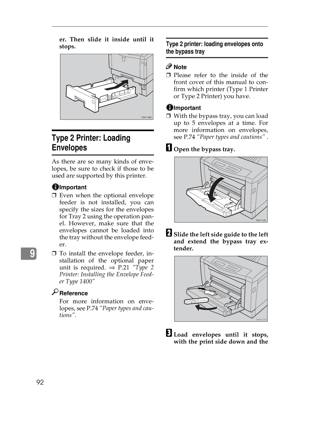 Ricoh AP1400/AP2000 manual Type 2 Printer Loading Envelopes, Type 2 printer loading envelopes onto the bypass tray 