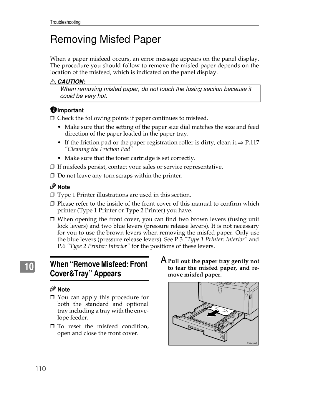 Ricoh AP1400/AP2000 manual Removing Misfed Paper, 110 