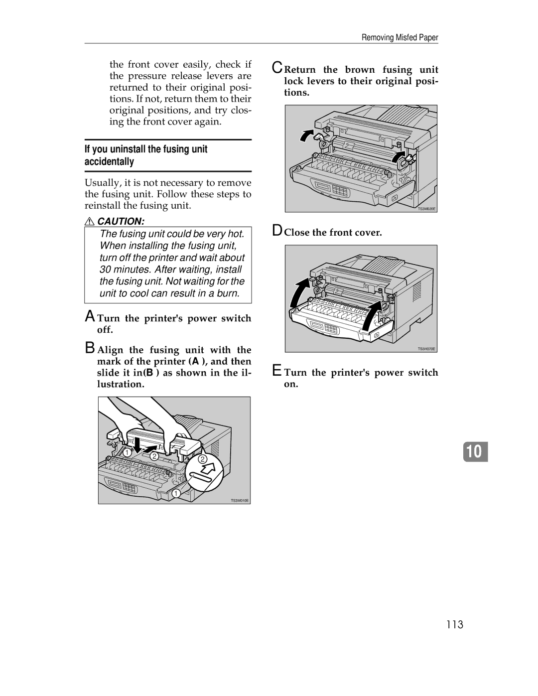 Ricoh AP1400/AP2000 manual If you uninstall the fusing unit accidentally, 113, Turn the printers power switch on 