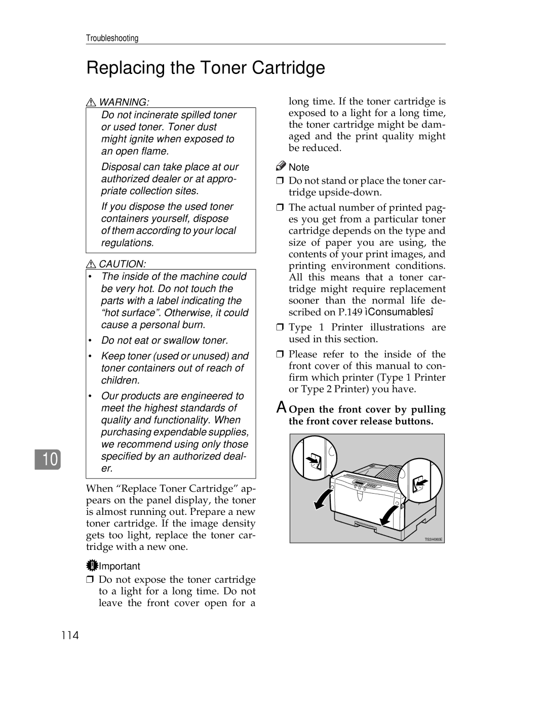 Ricoh AP1400/AP2000 manual Replacing the Toner Cartridge, 114 