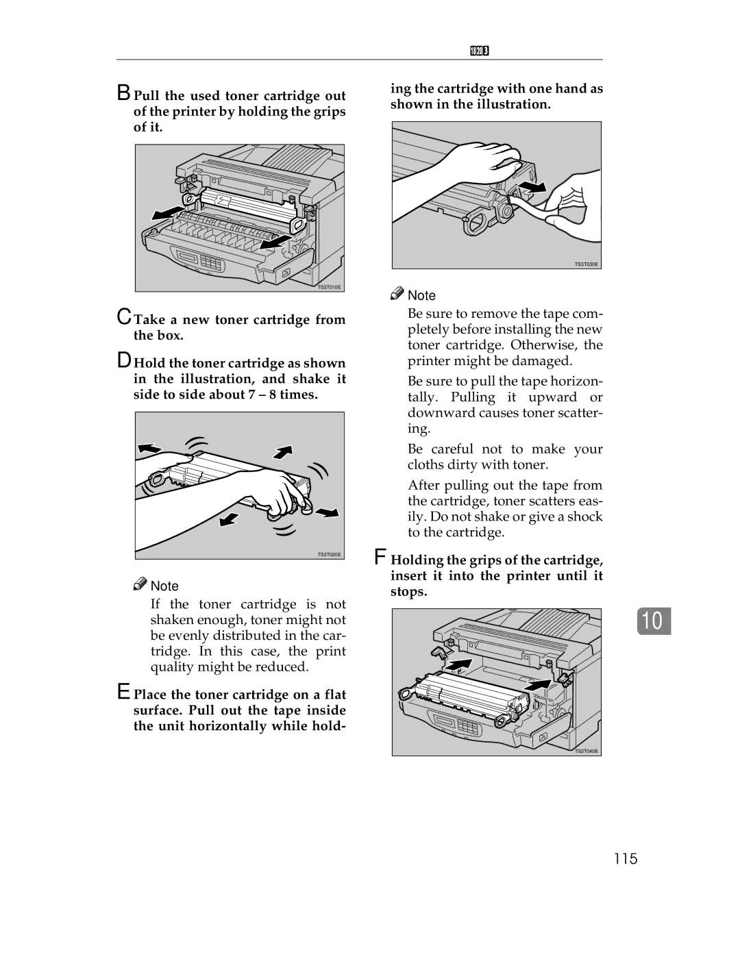 Ricoh AP1400/AP2000 manual 115, Ing the cartridge with one hand as shown in the illustration 