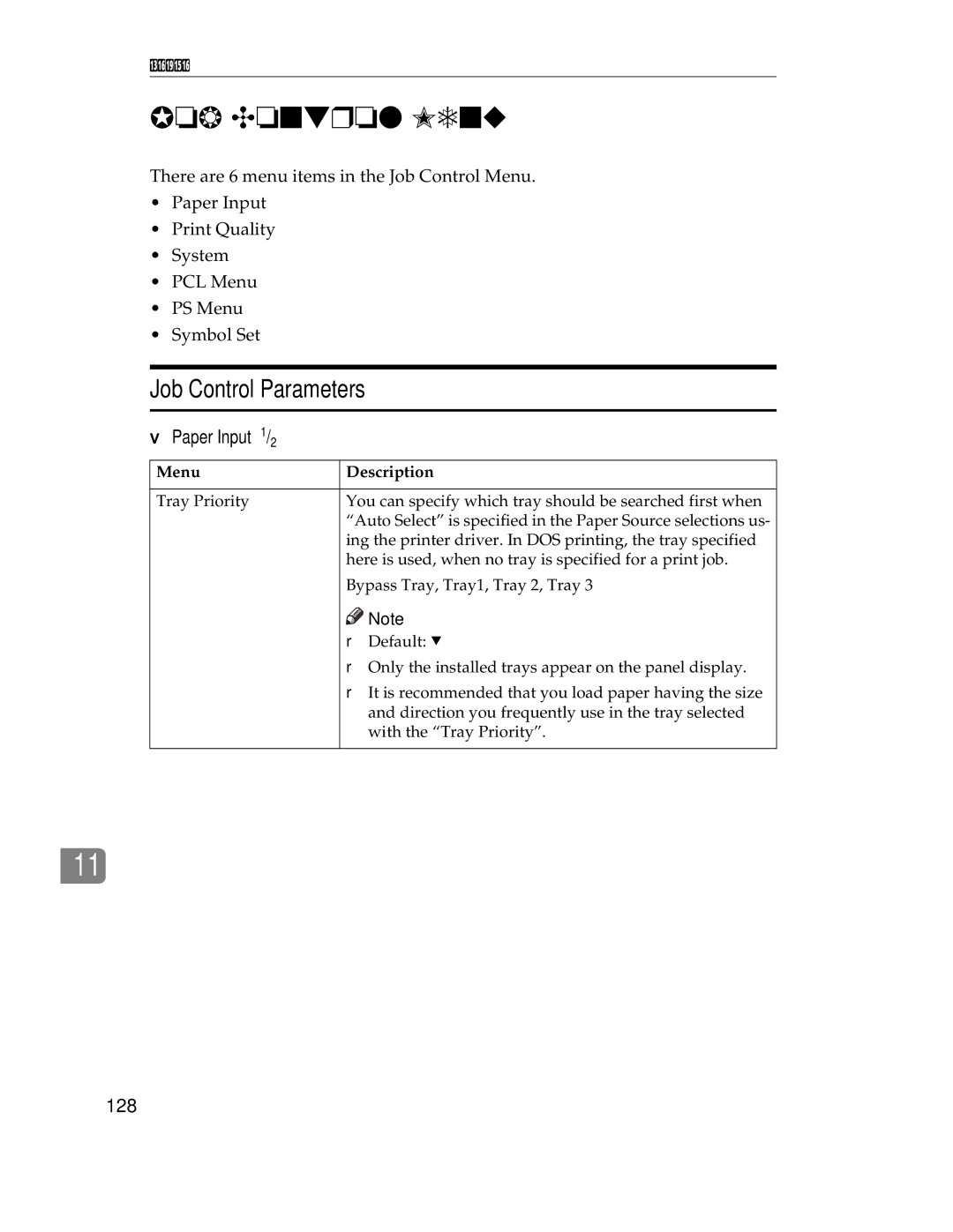 Ricoh AP1400/AP2000 manual Job Control Menu, Job Control Parameters, Paper Input 1/2, 128 