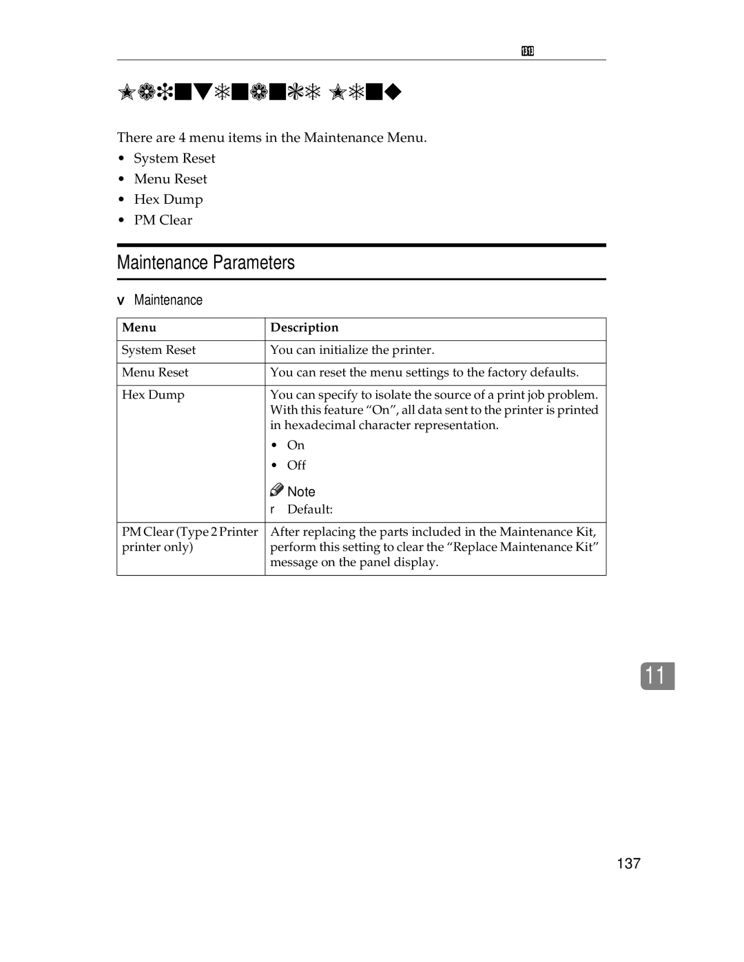 Ricoh AP1400/AP2000 manual Maintenance Menu, Maintenance Parameters, 137 