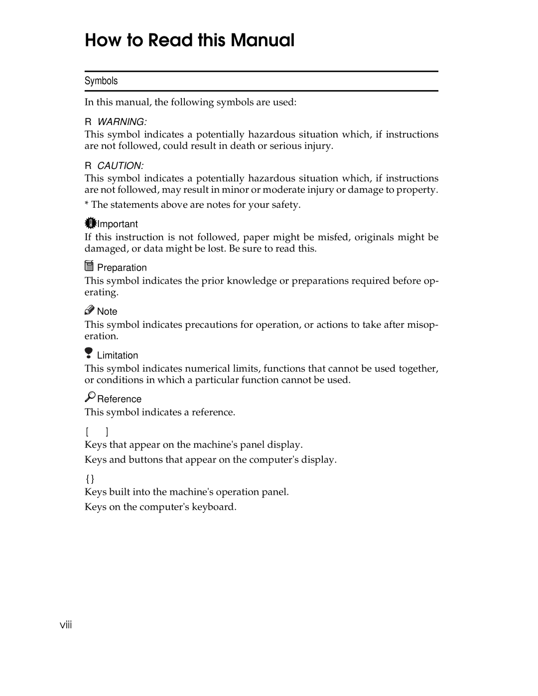 Ricoh AP1400/AP2000 manual How to Read this Manual, Symbols, Viii 