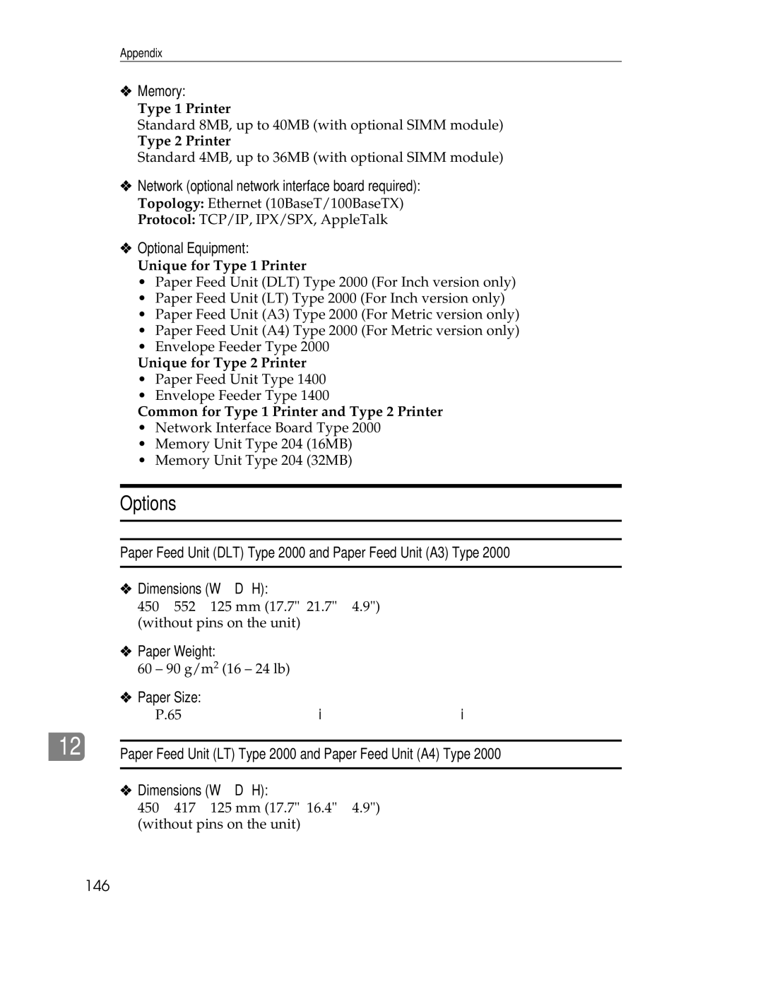 Ricoh AP1400/AP2000 manual Options, Memory, Network optional network interface board required, Optional Equipment 