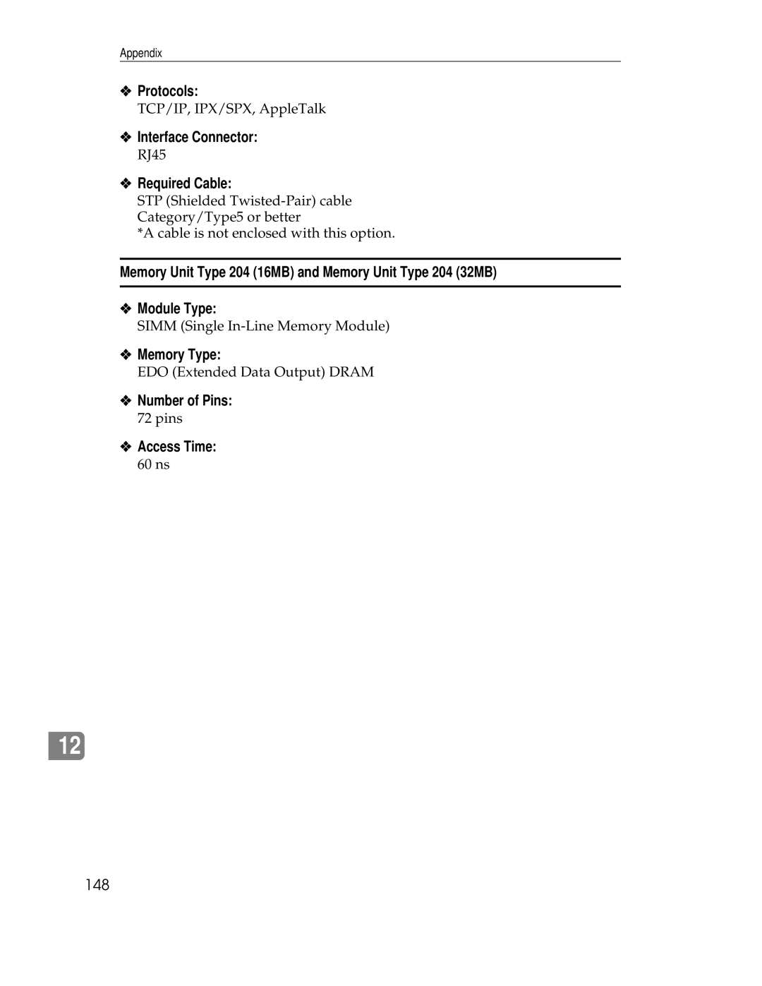 Ricoh AP1400/AP2000 Protocols, Interface Connector, Required Cable, Module Type, Memory Type, Number of Pins, Access Time 