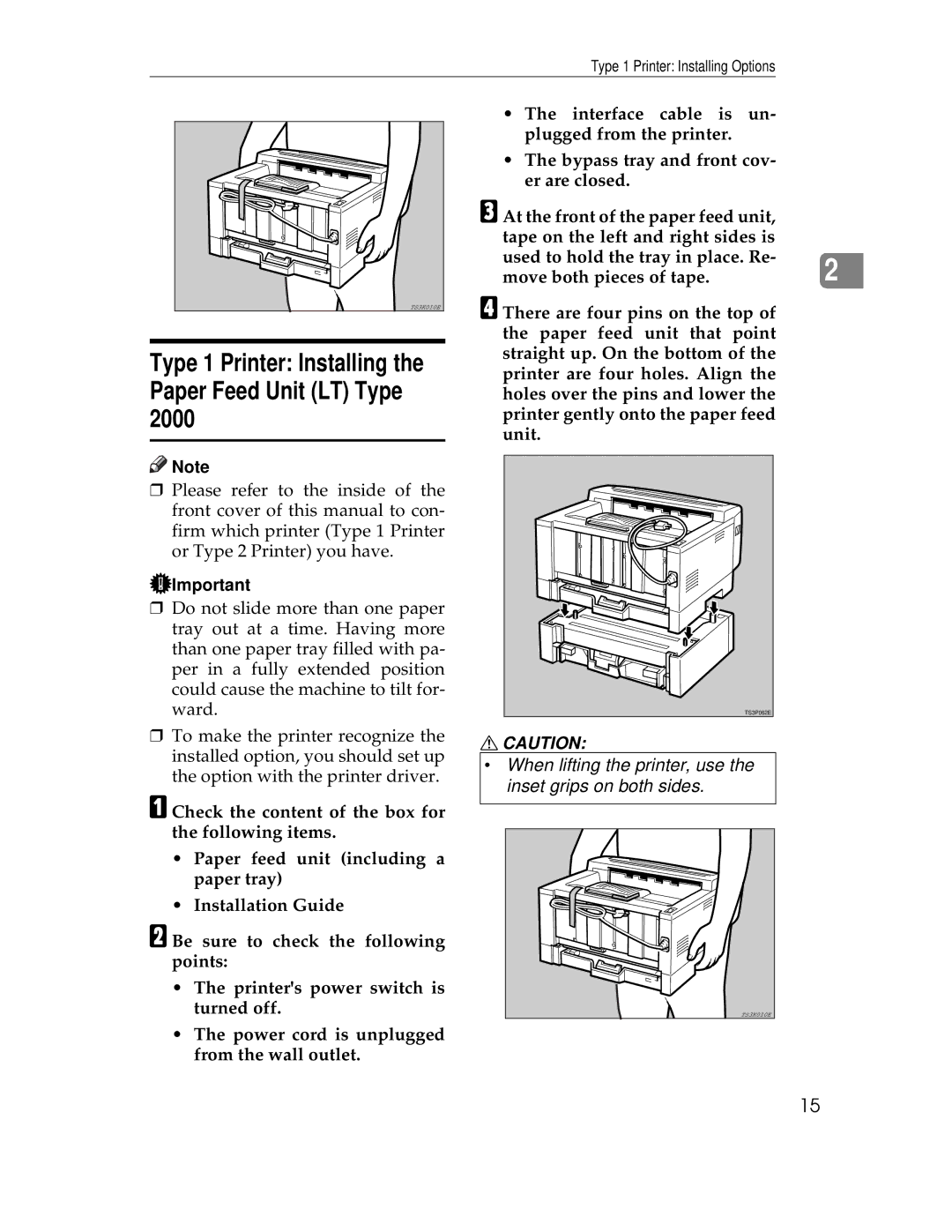 Ricoh AP1400/AP2000 manual Type 1 Printer Installing the Paper Feed Unit LT Type 