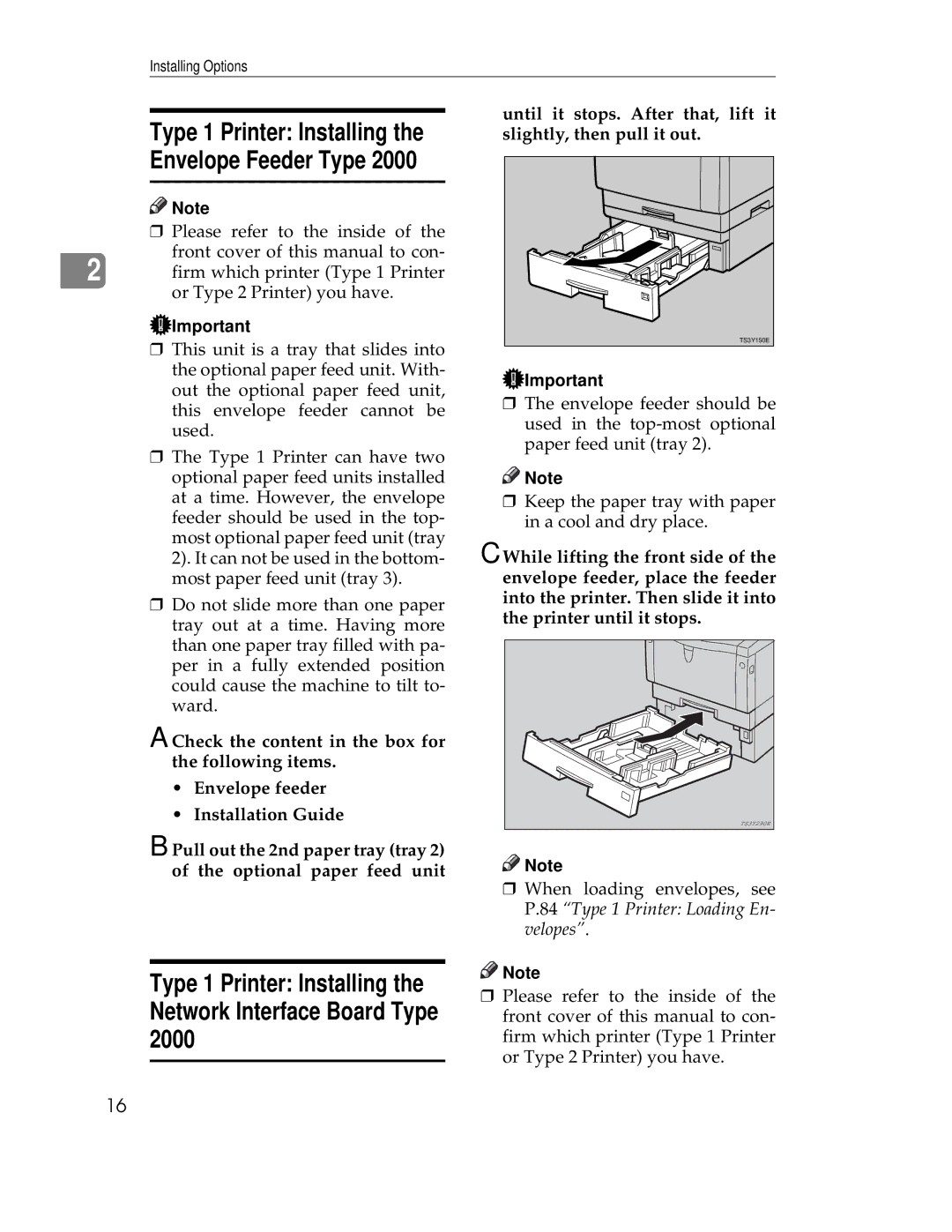 Ricoh AP1400/AP2000 manual Type 1 Printer Installing Envelope Feeder Type 