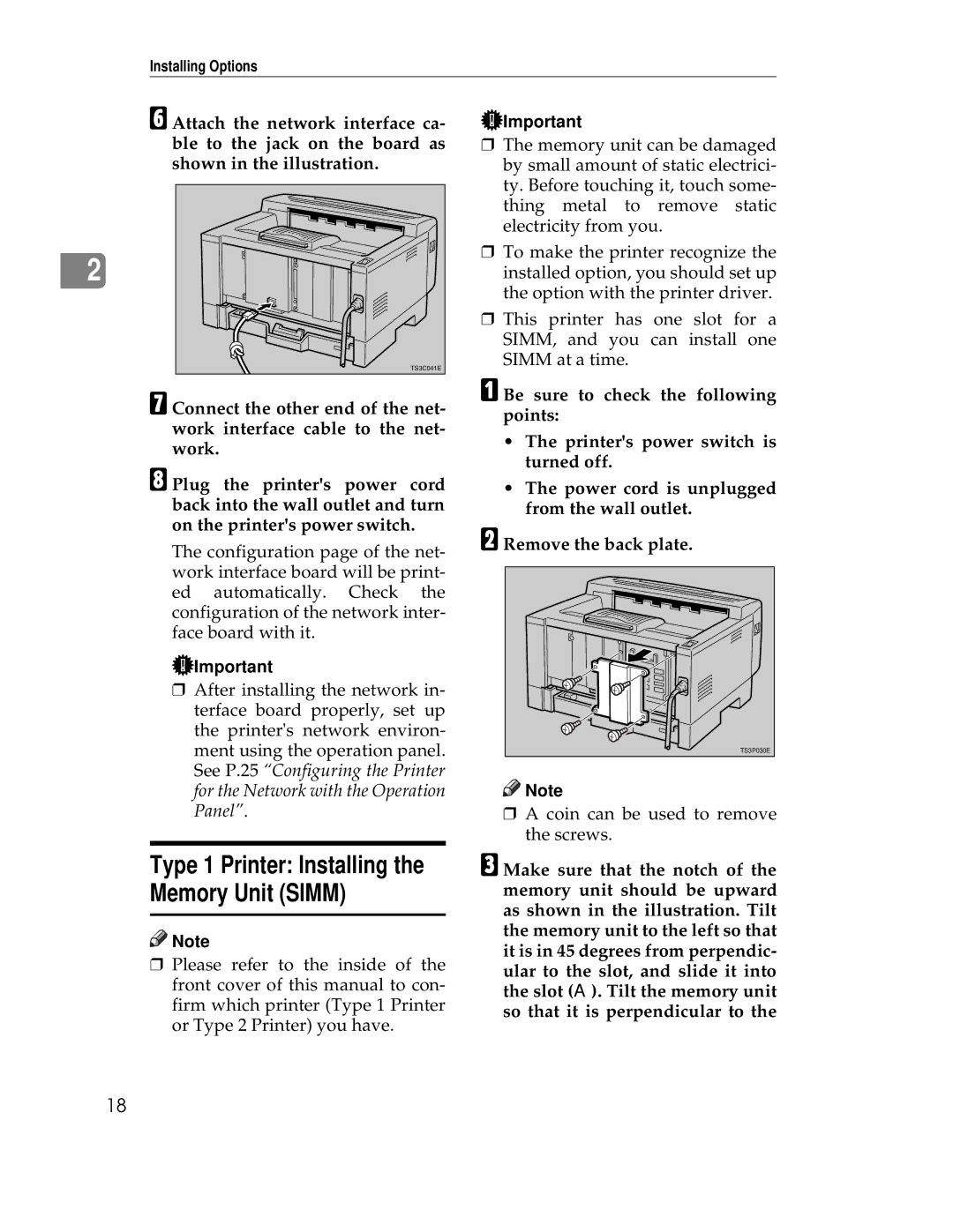 Ricoh AP1400/AP2000 manual Type 1 Printer Installing the Memory Unit Simm 