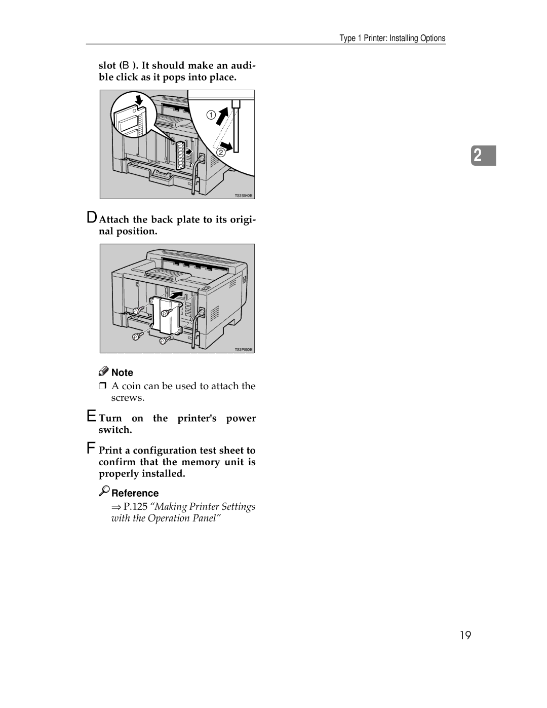 Ricoh AP1400/AP2000 manual Attach the back plate to its origi- nal position, Reference 