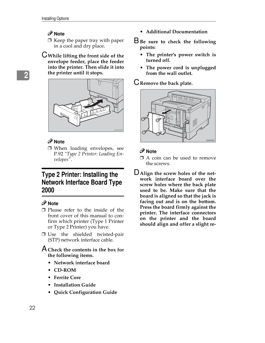 Ricoh AP1400/AP2000 manual Type 2 Printer Installing the Network Interface Board Type, While lifting the front side 