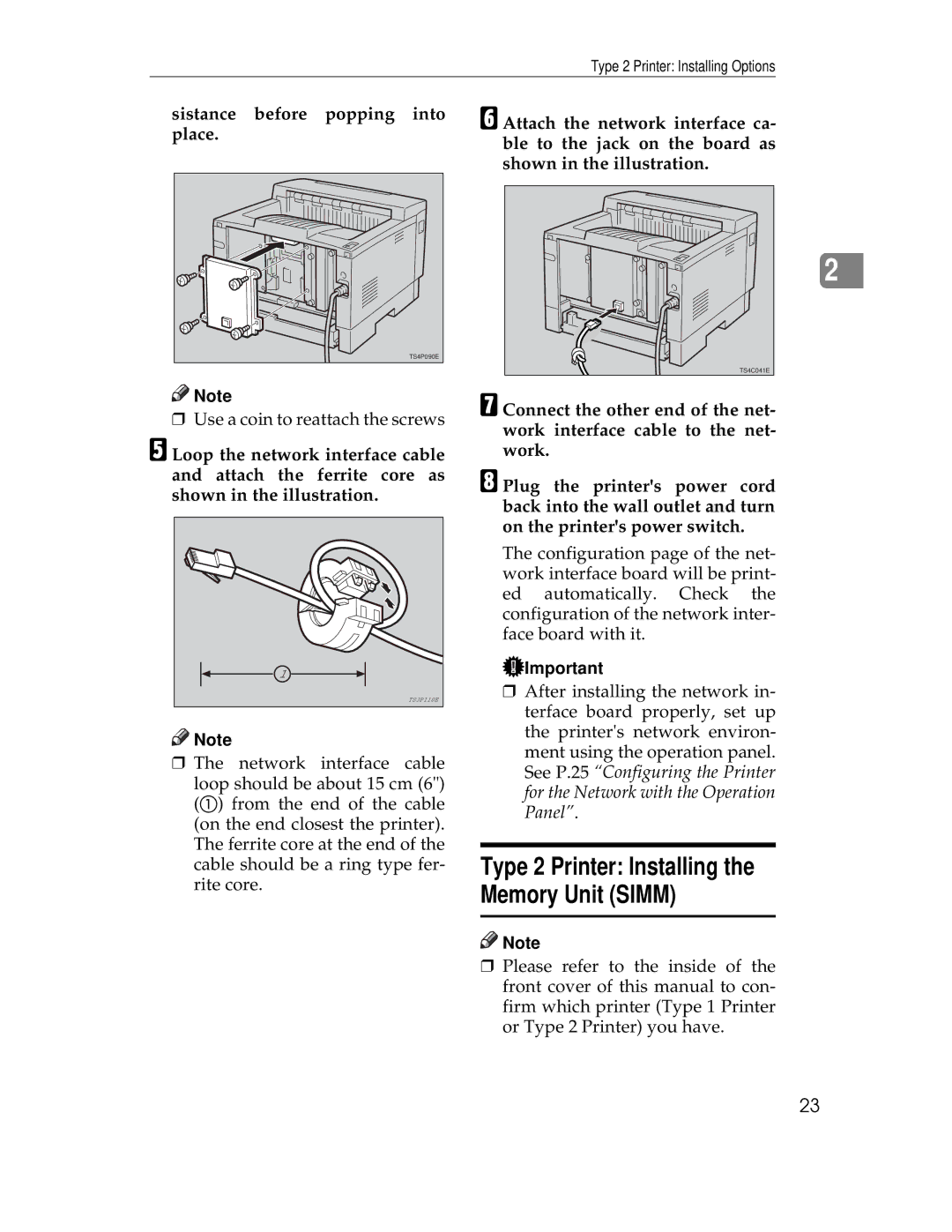 Ricoh AP1400/AP2000 manual Type 2 Printer Installing the Memory Unit Simm, Sistance before popping into place 