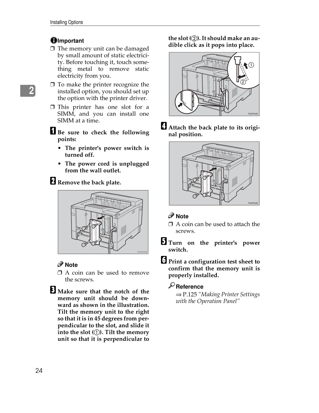 Ricoh AP1400/AP2000 manual Attach the back plate to its origi- nal position, Turn on the printers power switch 