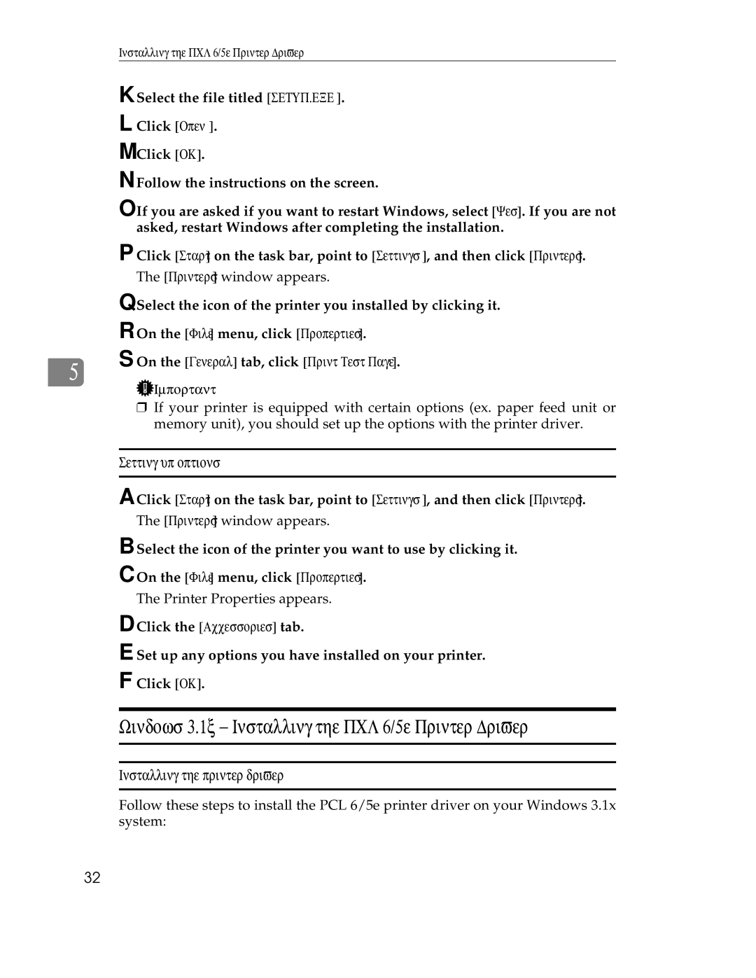 Ricoh AP1400/AP2000 manual Windows 3.1x Installing the PCL 6/5e Printer Driver, Setting up options 