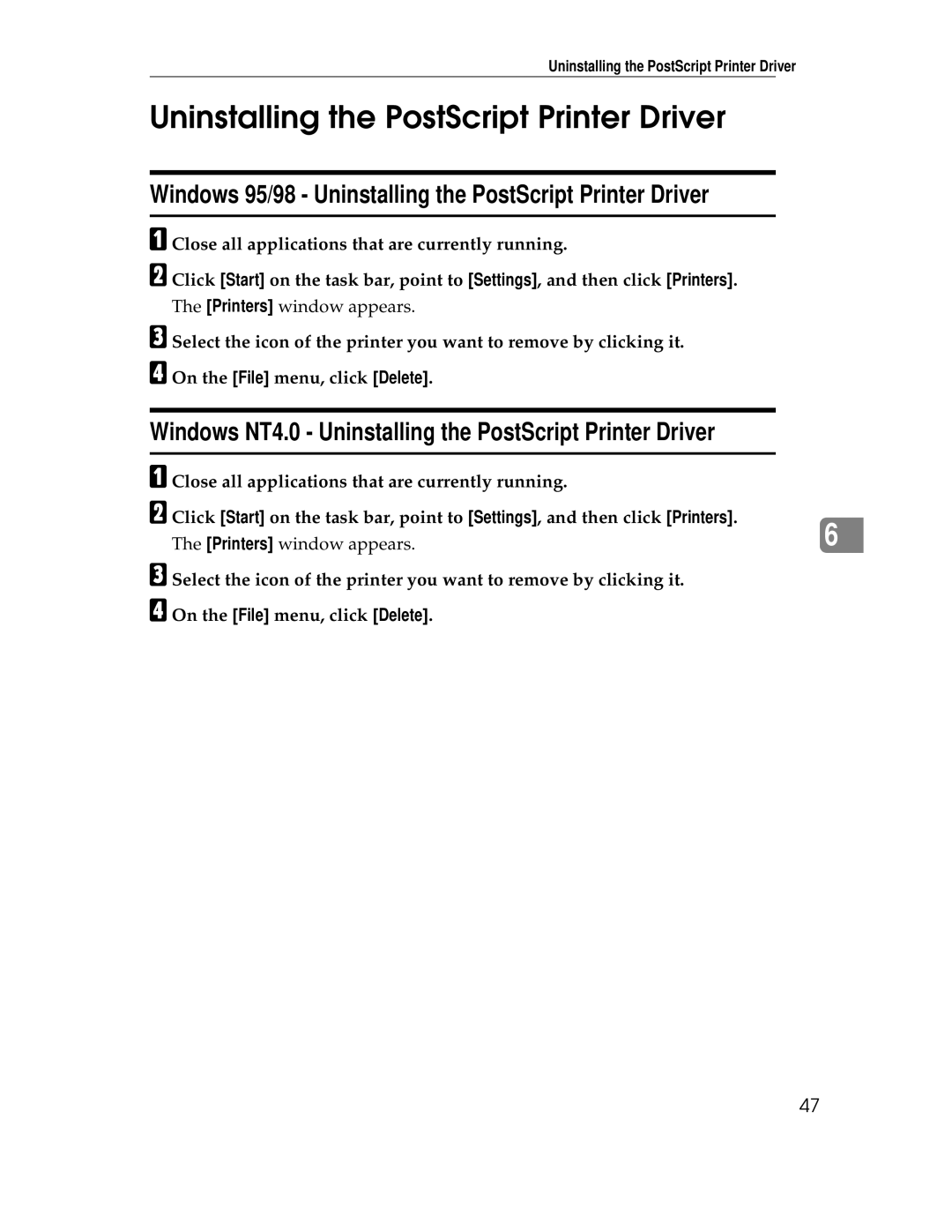 Ricoh AP1400/AP2000 manual Windows 95/98 Uninstalling the PostScript Printer Driver 