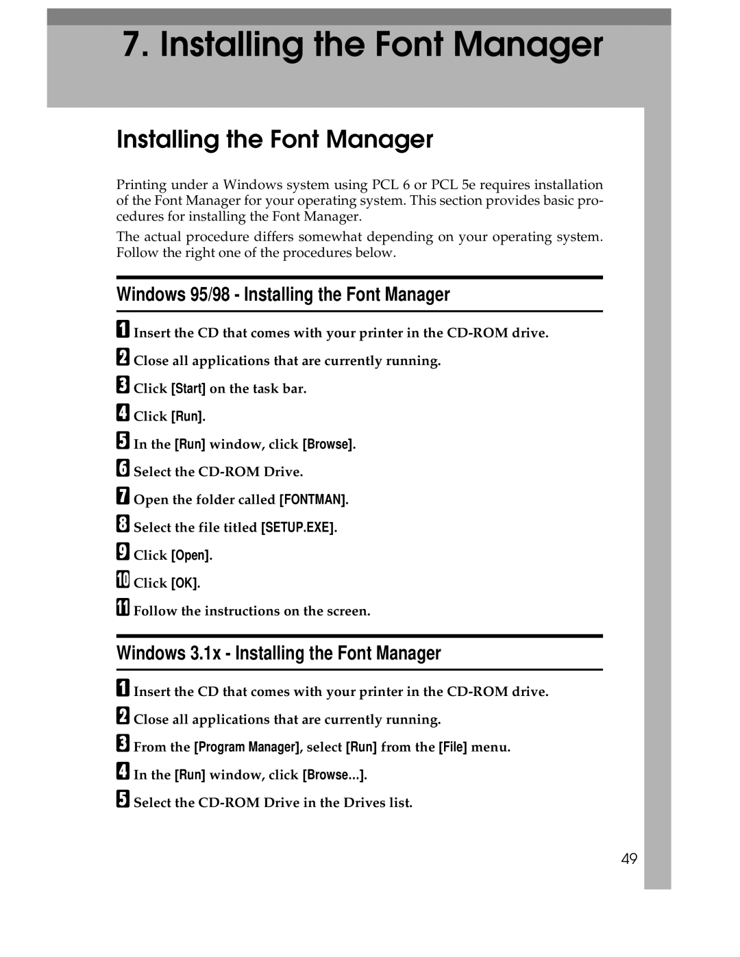 Ricoh AP1400/AP2000 manual Windows 95/98 Installing the Font Manager, Windows 3.1x Installing the Font Manager 