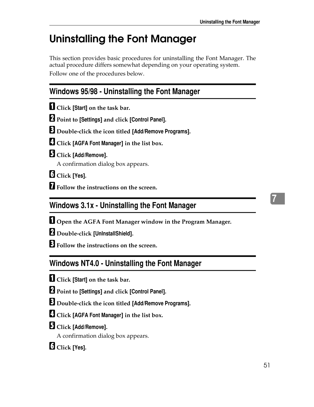 Ricoh AP1400/AP2000 manual Windows 95/98 Uninstalling the Font Manager, Windows 3.1x Uninstalling the Font Manager 