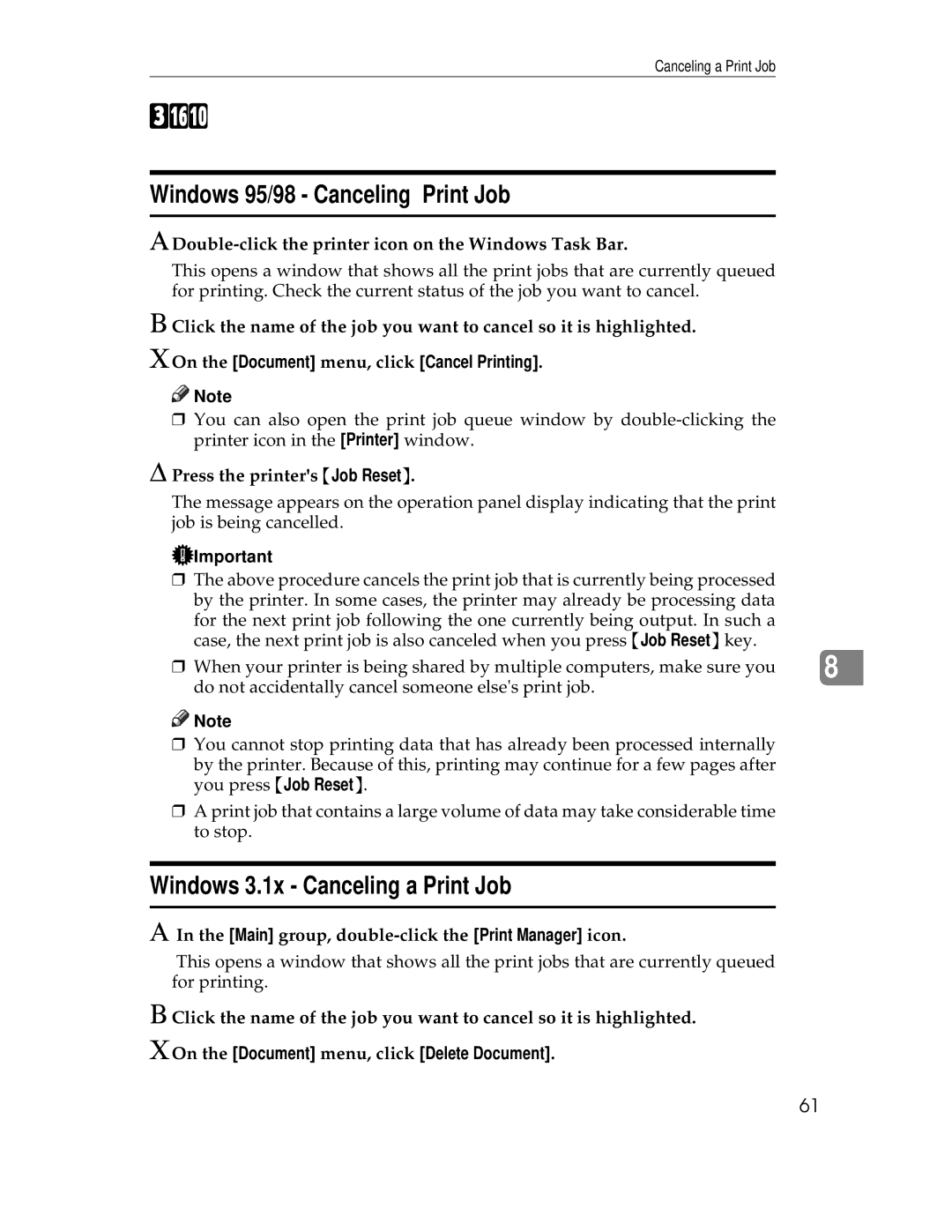 Ricoh AP1400/AP2000 manual Windows 95/98 Canceling Print Job, Windows 3.1x Canceling a Print Job 