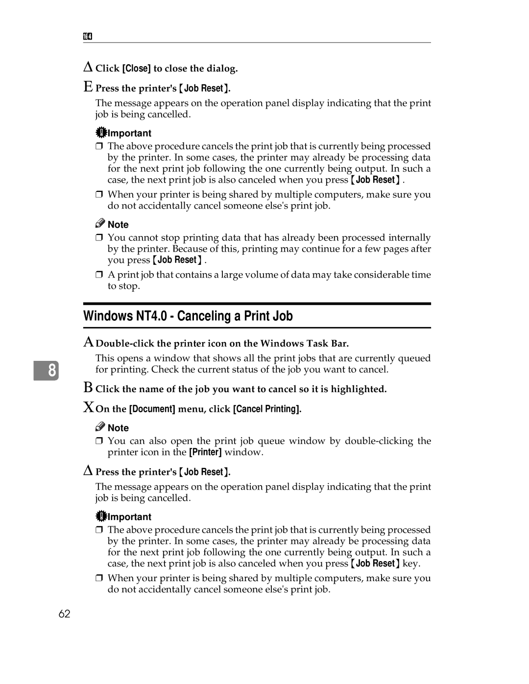 Ricoh AP1400/AP2000 Windows NT4.0 Canceling a Print Job, Click Close to close the dialog Press the printers Job Reset 