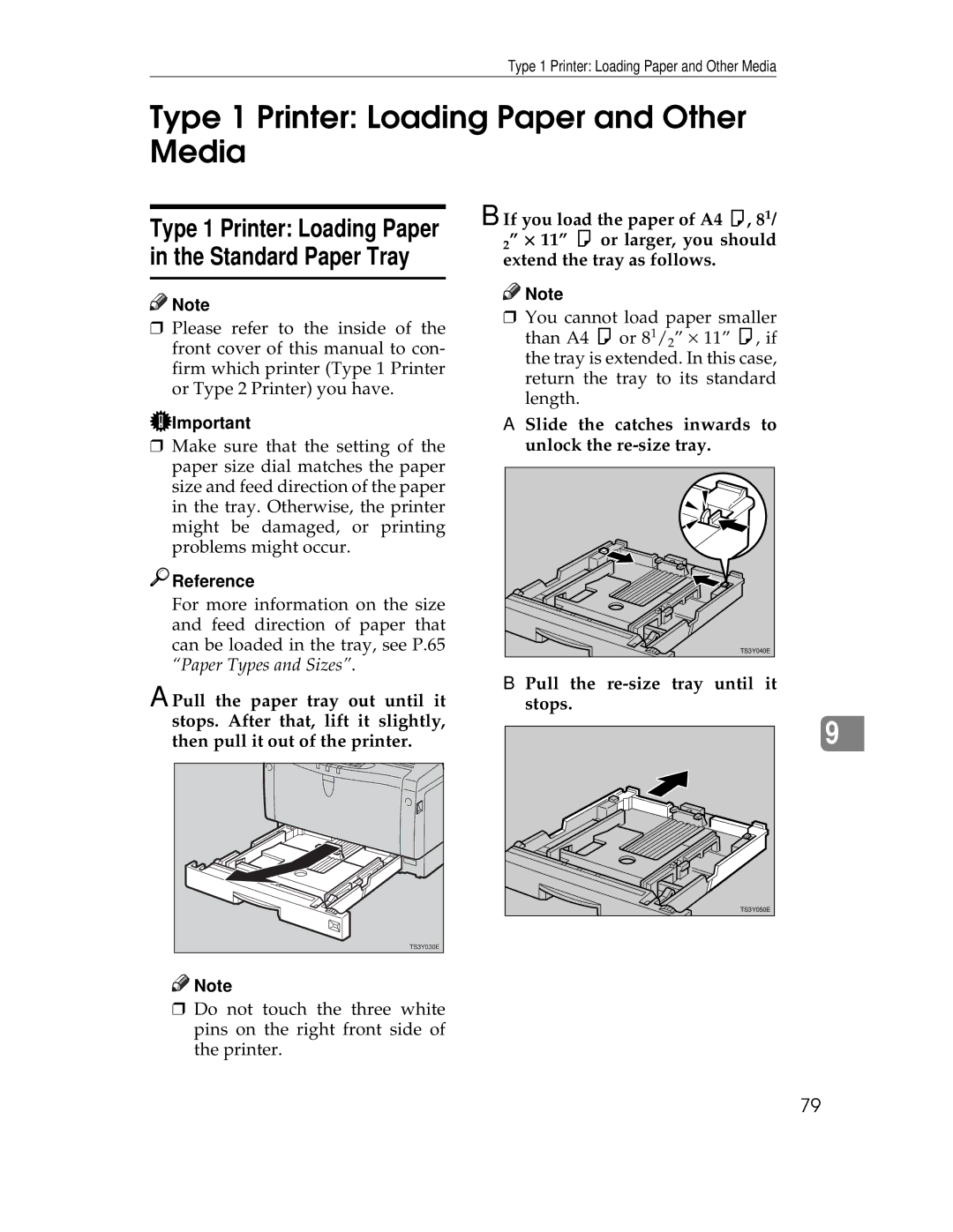 Ricoh AP1400/AP2000 Type 1 Printer Loading Paper and Other Media, Slide the catches inwards to unlock the re-size tray 