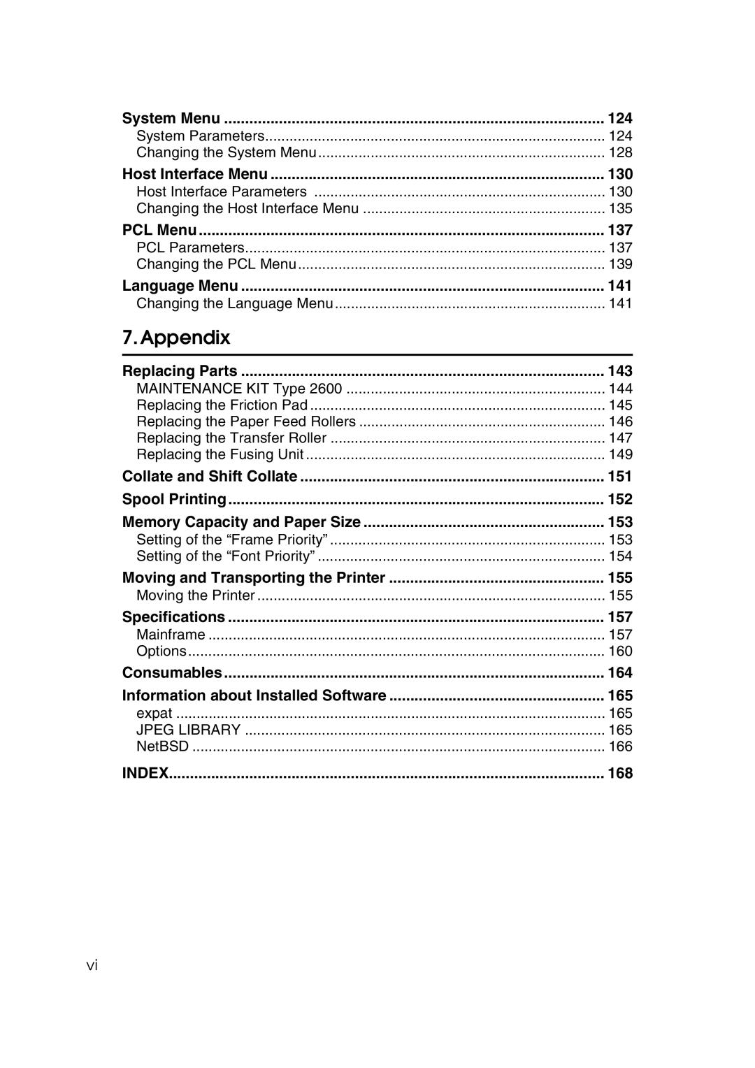 Ricoh AP2610N System Menu 124, Host Interface Menu 130, PCL Menu 137, Language Menu 141, Replacing Parts 143, 168 