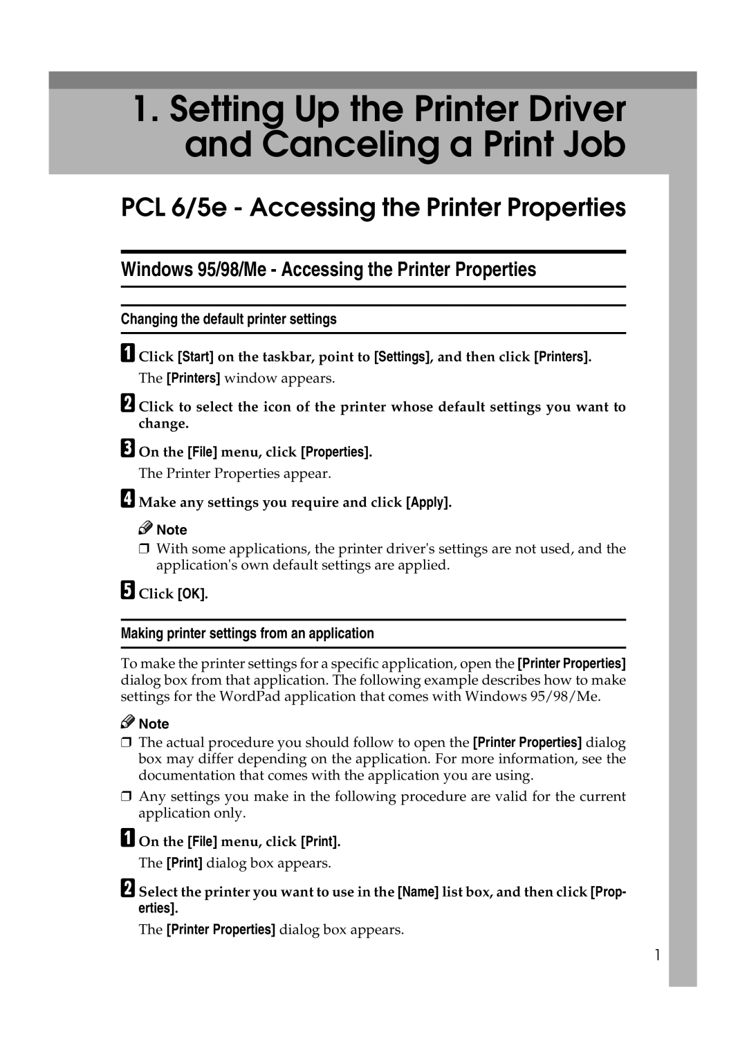 Ricoh AP2610N setup guide PCL 6/5e Accessing the Printer Properties, Windows 95/98/Me Accessing the Printer Properties 