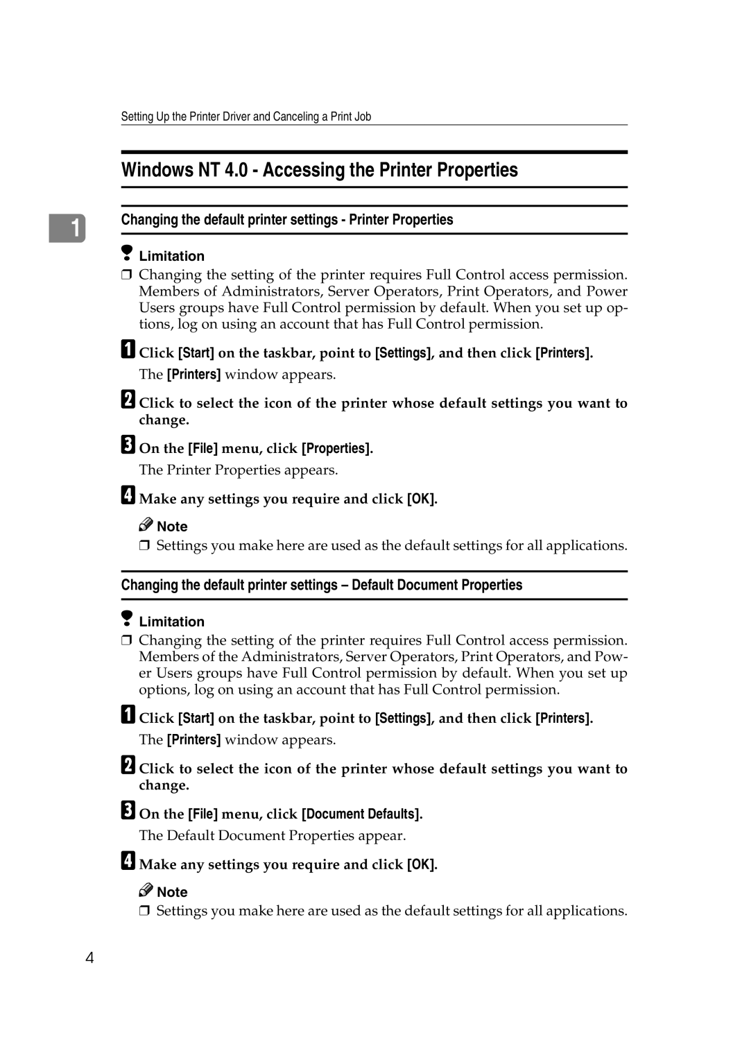 Ricoh AP2610N setup guide Windows NT 4.0 Accessing the Printer Properties, On the File menu, click Document Defaults 