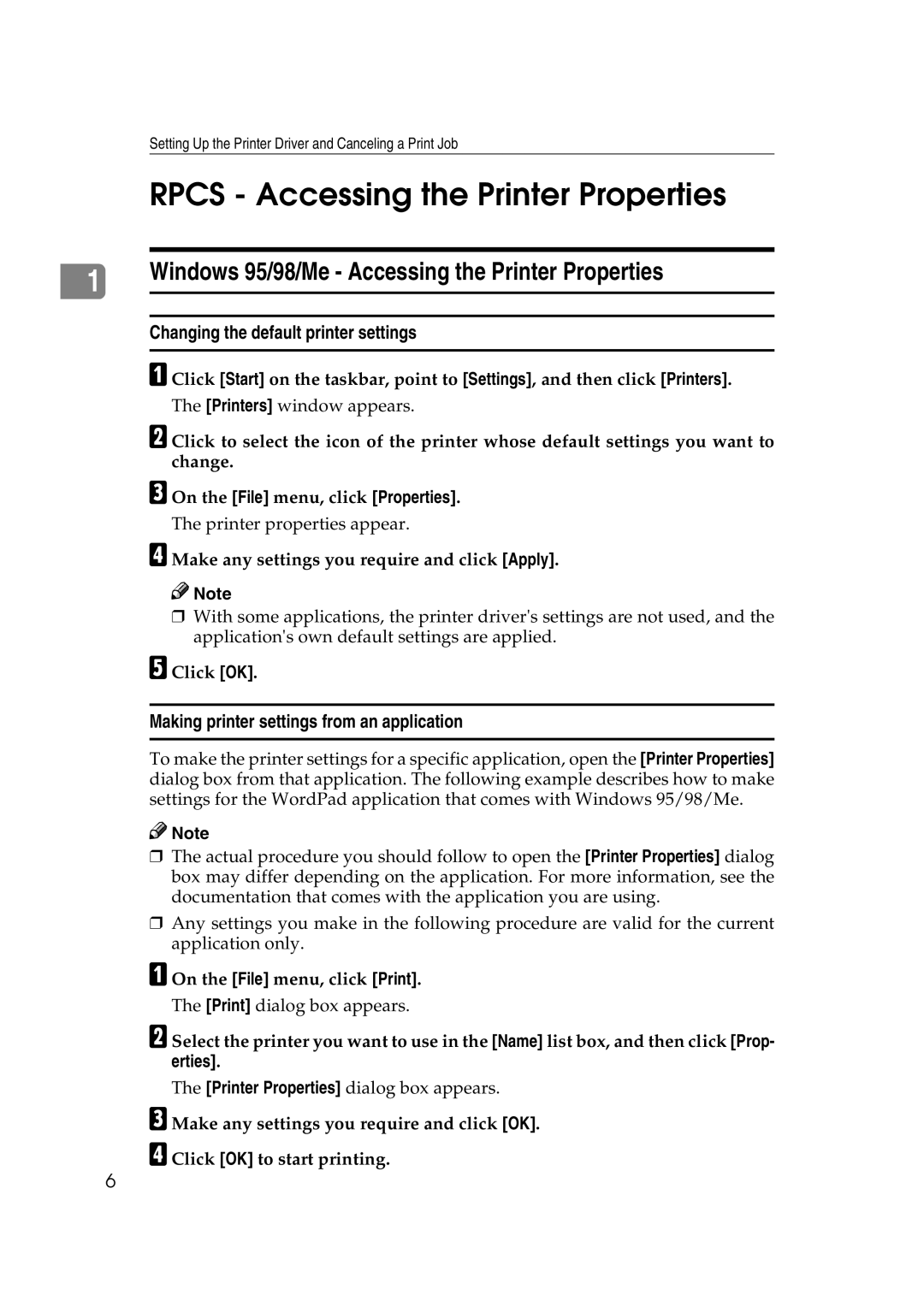 Ricoh AP2610N setup guide Rpcs Accessing the Printer Properties, Windows 95/98/Me Accessing the Printer Properties 