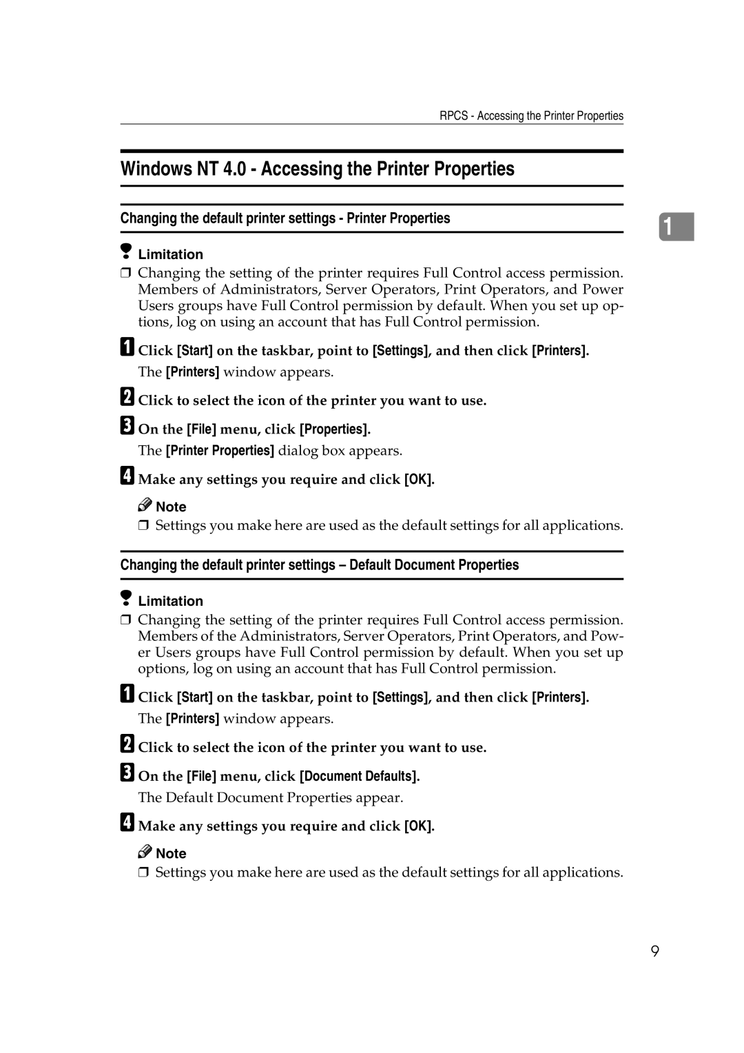 Ricoh AP2610N setup guide Windows NT 4.0 Accessing the Printer Properties 