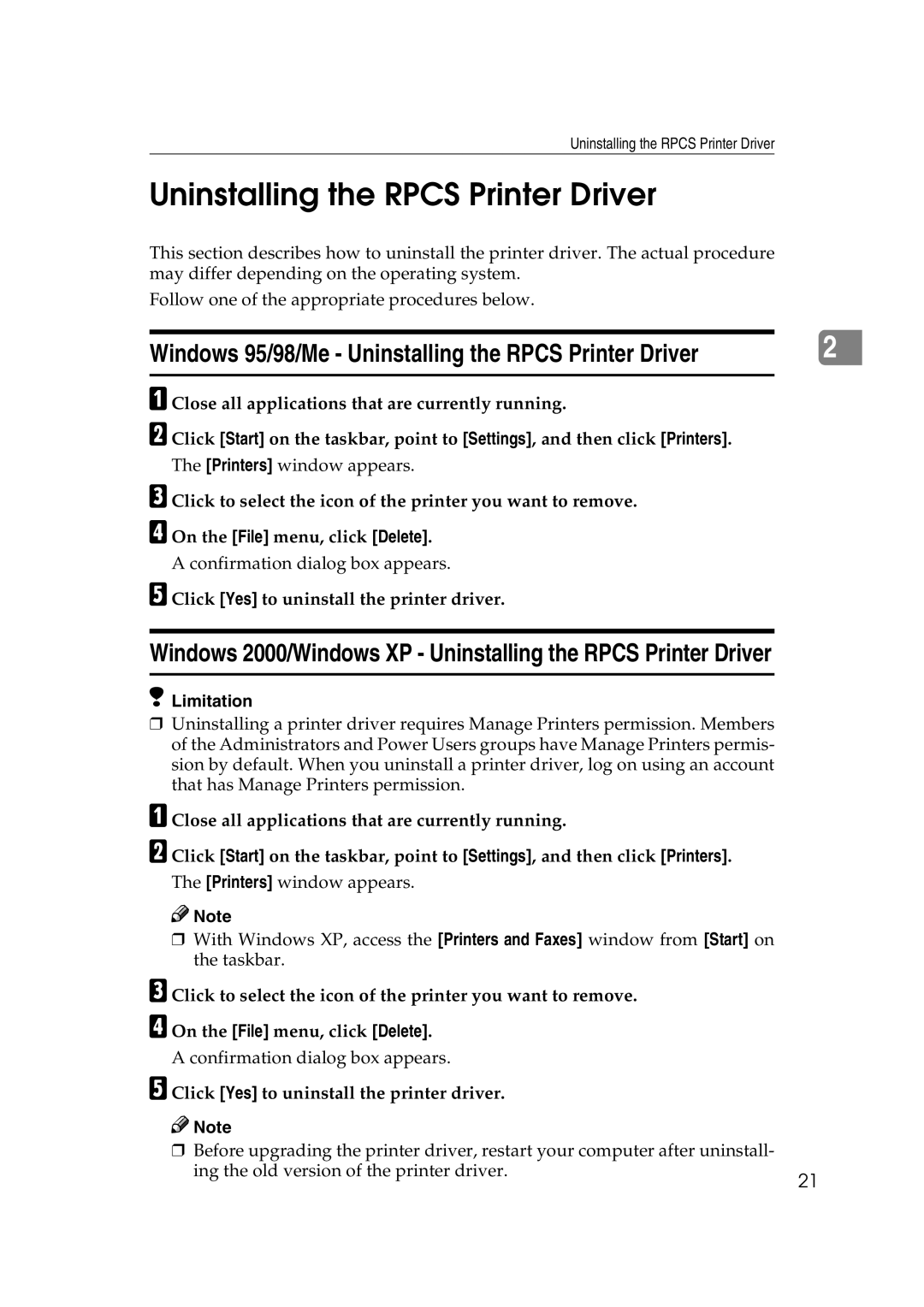 Ricoh AP2610N setup guide Windows 95/98/Me Uninstalling the Rpcs Printer Driver 