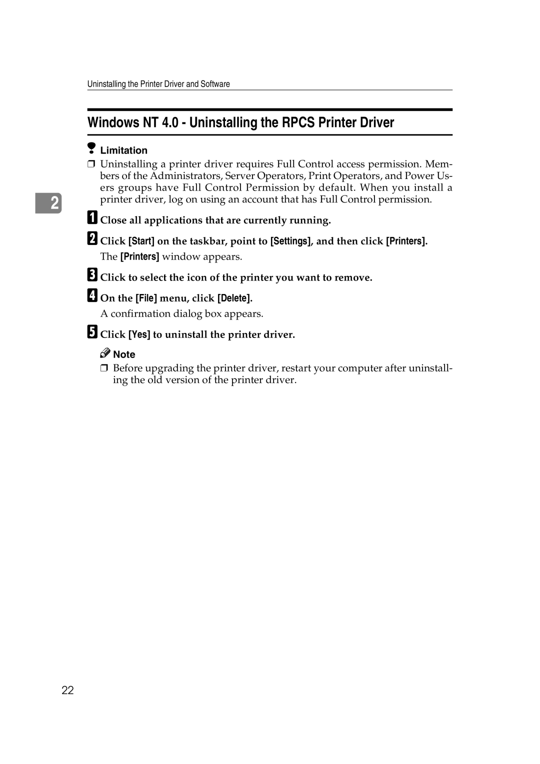 Ricoh AP2610N Windows NT 4.0 Uninstalling the Rpcs Printer Driver, Close all applications that are currently running 