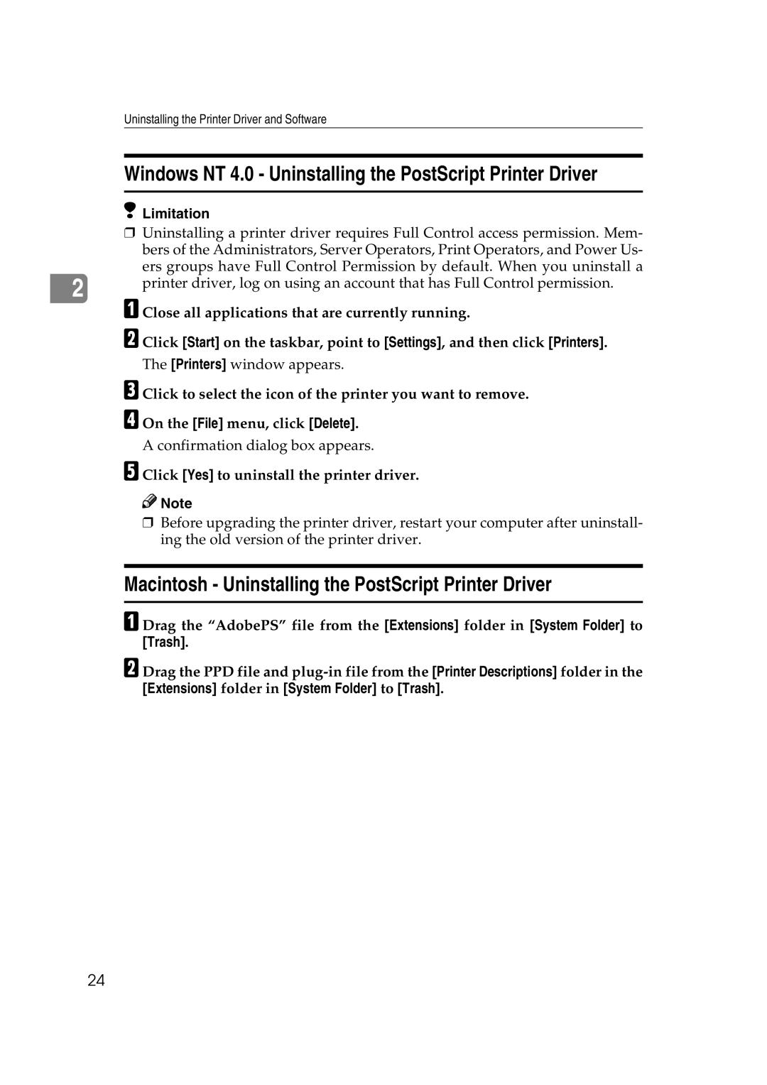 Ricoh AP2610N setup guide Windows NT 4.0 Uninstalling the PostScript Printer Driver 